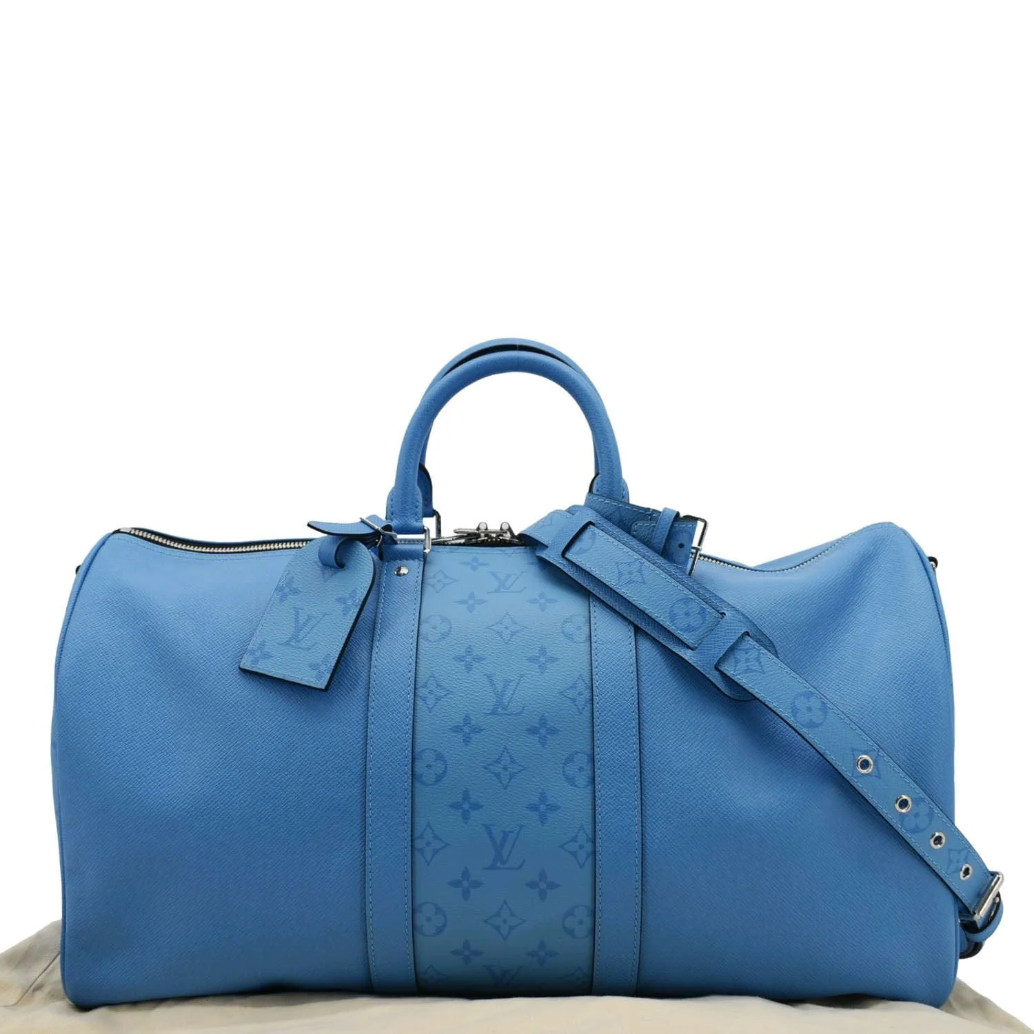 LOUIS VUITTON Keepall 50 Bandouliere Monogram Taiga Leather Travel Bag Blue - Image 3