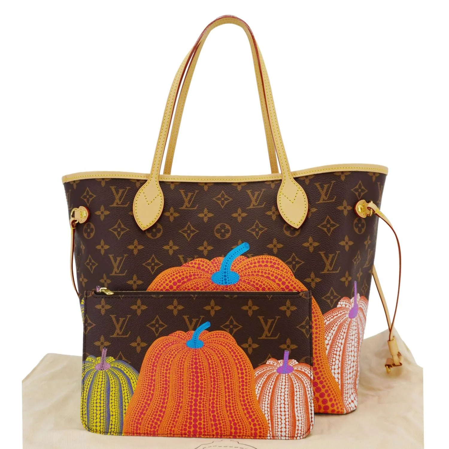 LOUIS VUITTON LV X YK Kusama Neverfull Pumpkin Monogram Canvas Tote Bag Brown - Image 3