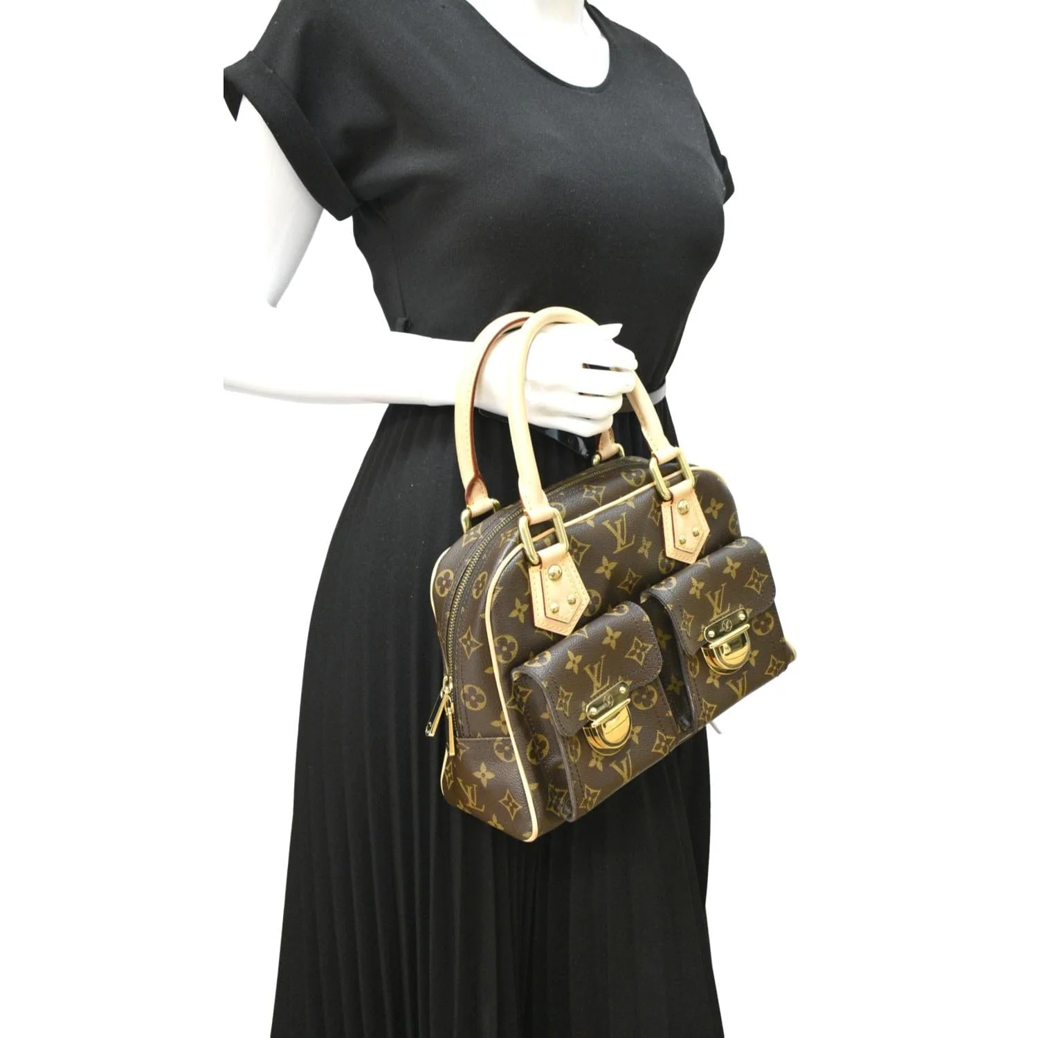 LOUIS VUITTON Manhattan PM Monogram Canvas Satchel Bag Brown - Image 2