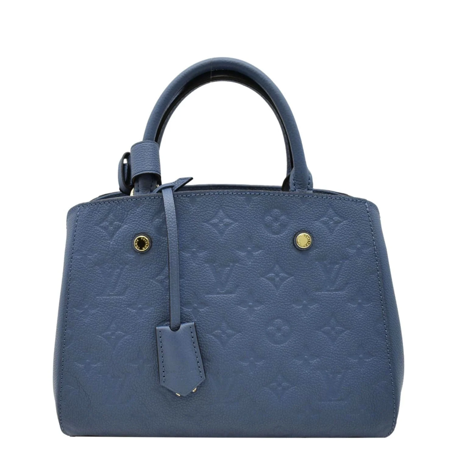 LOUIS VUITTON Montaigne BB Monogram Empreinte Leather Satchel Bag Blue