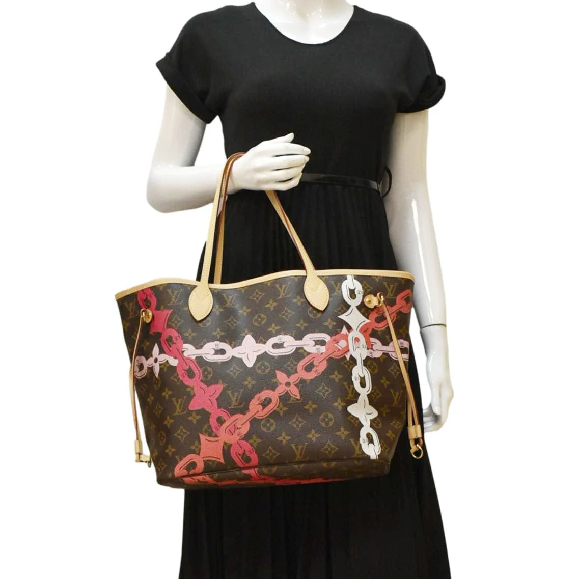 LOUIS VUITTON Neverfull MM Bay Chain Monogram Canvas Tote Bag Fuchsia - Image 2