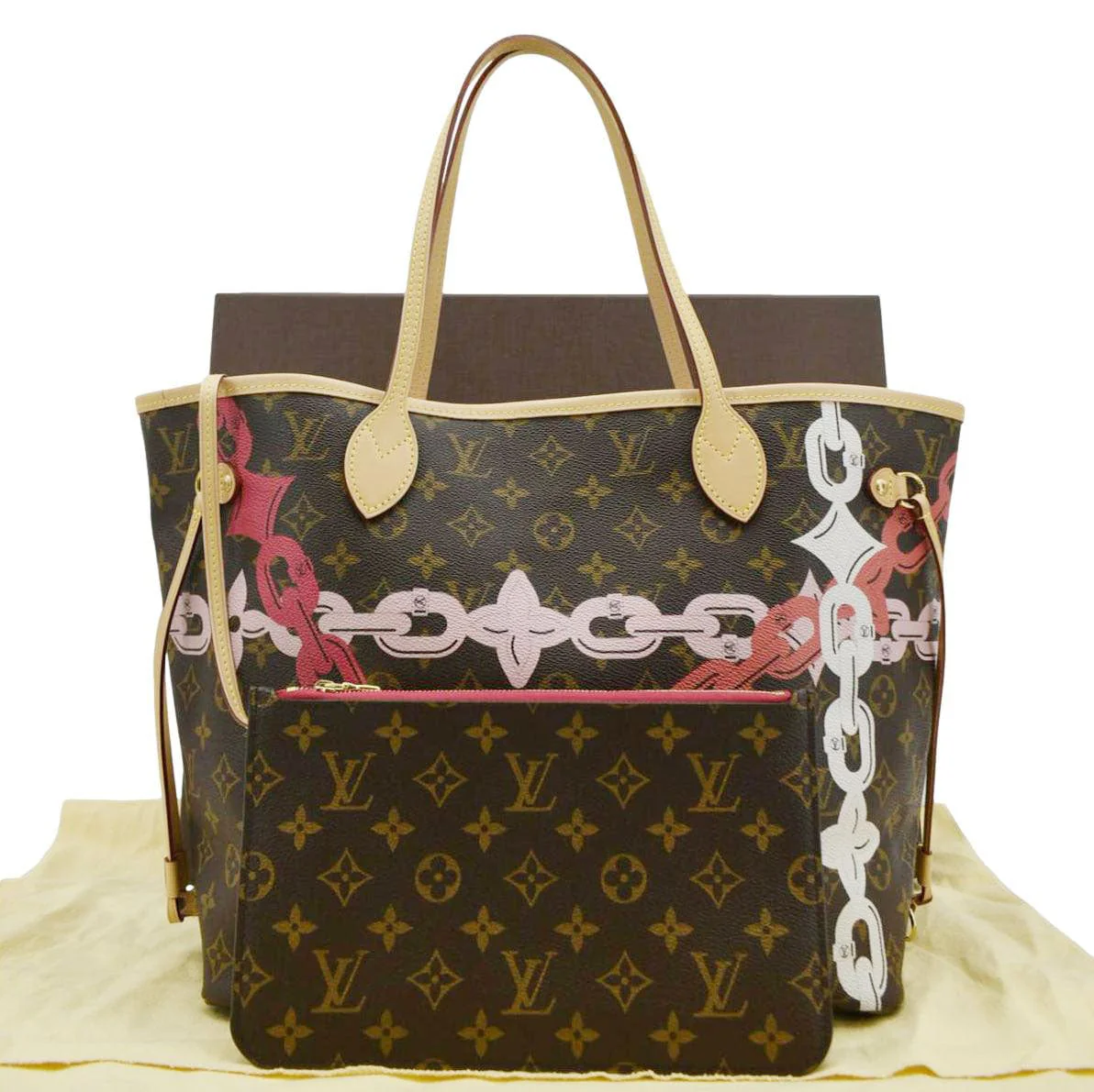 LOUIS VUITTON Neverfull MM Bay Chain Monogram Canvas Tote Bag Fuchsia - Image 3