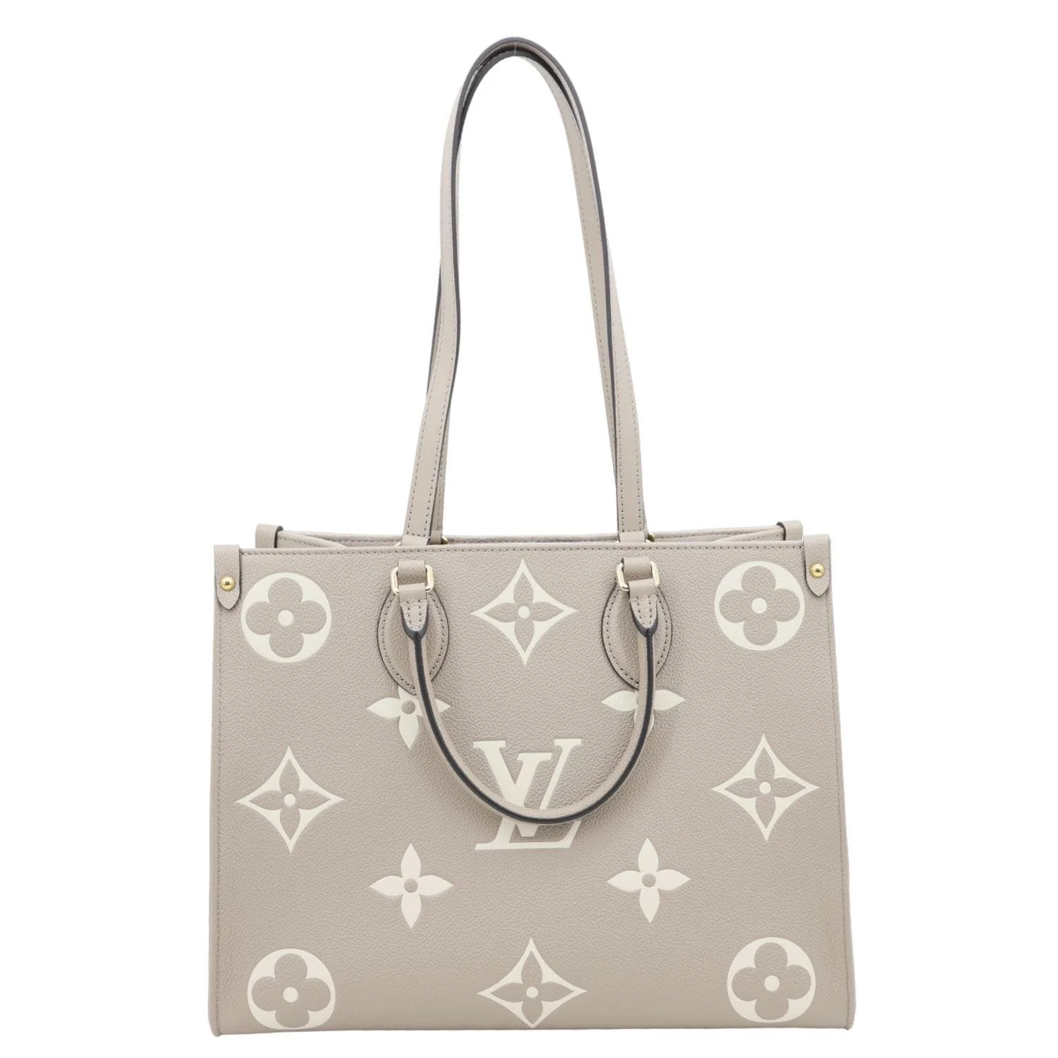 LOUIS VUITTON Onthego MM Giant Monogram Empreinte Leather Tote Bag Beige - Image 4
