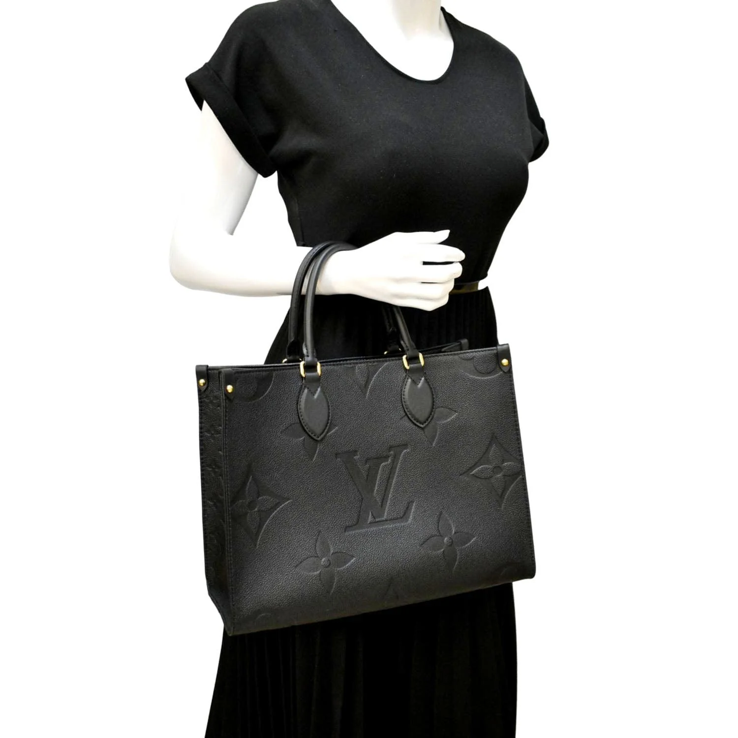 LOUIS VUITTON Onthego MM Giant Monogram Empreinte Leather Tote Bag Black - Image 2