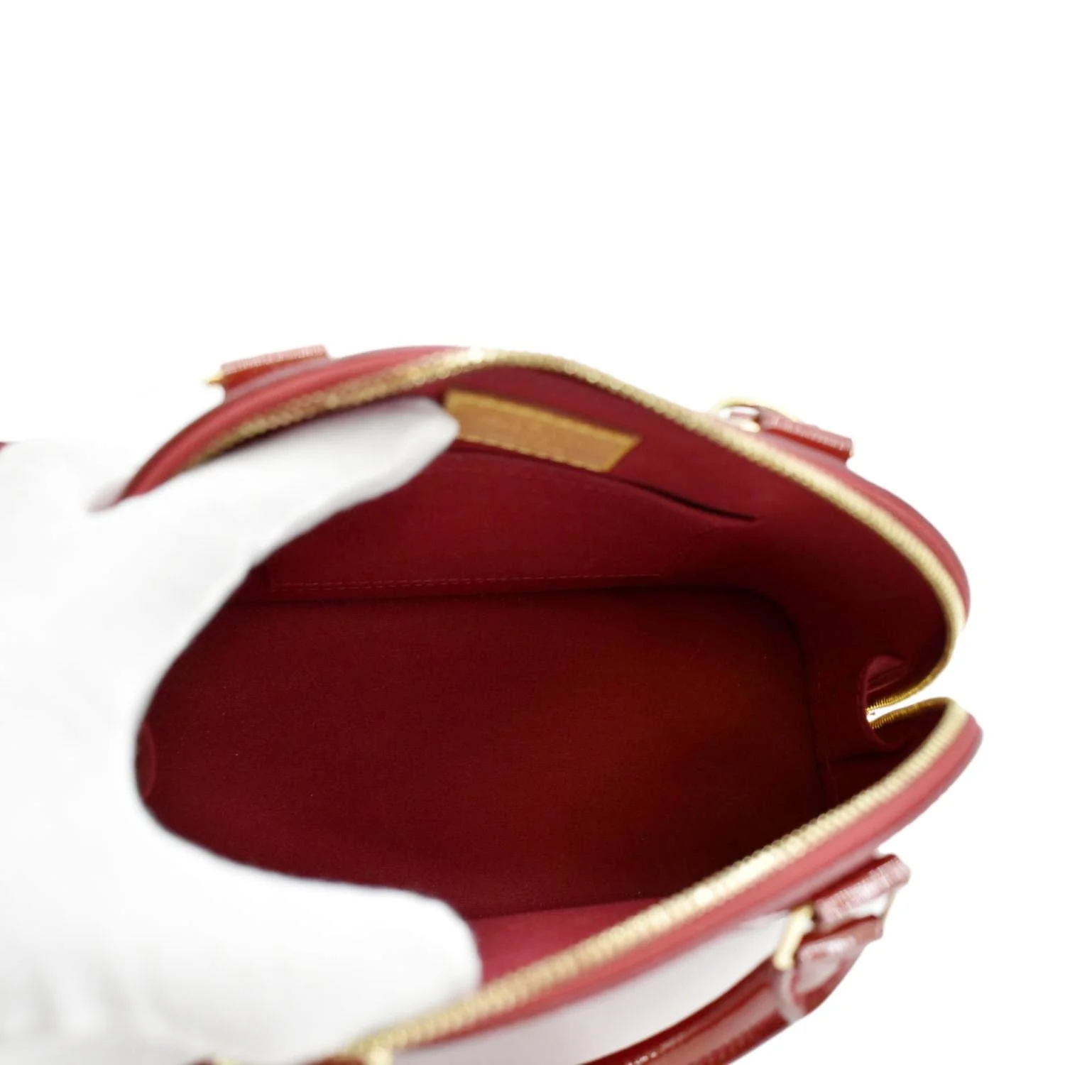 LOUIS VUITTON Rayures Alma BB Vernis Leather Satchel Crossbody Bag Pomme D'Amour - Image 12