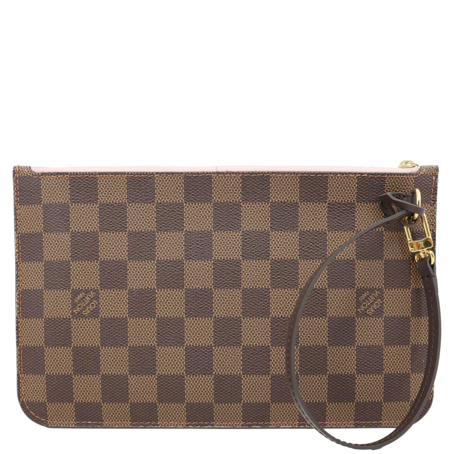 LOUIS VUITTON Neverfull Damier Ebene Wristlet Pouch Rose Ballerine