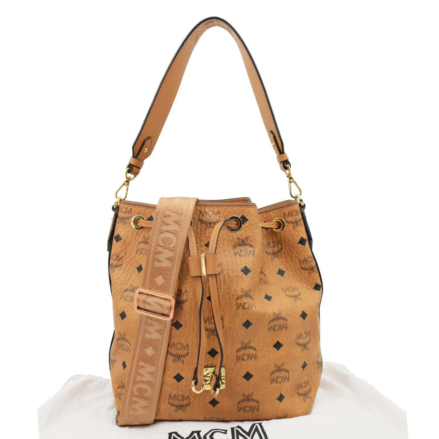 MCM Drawstring Visetos Canvas Bucket Bag Cognac - Image 3