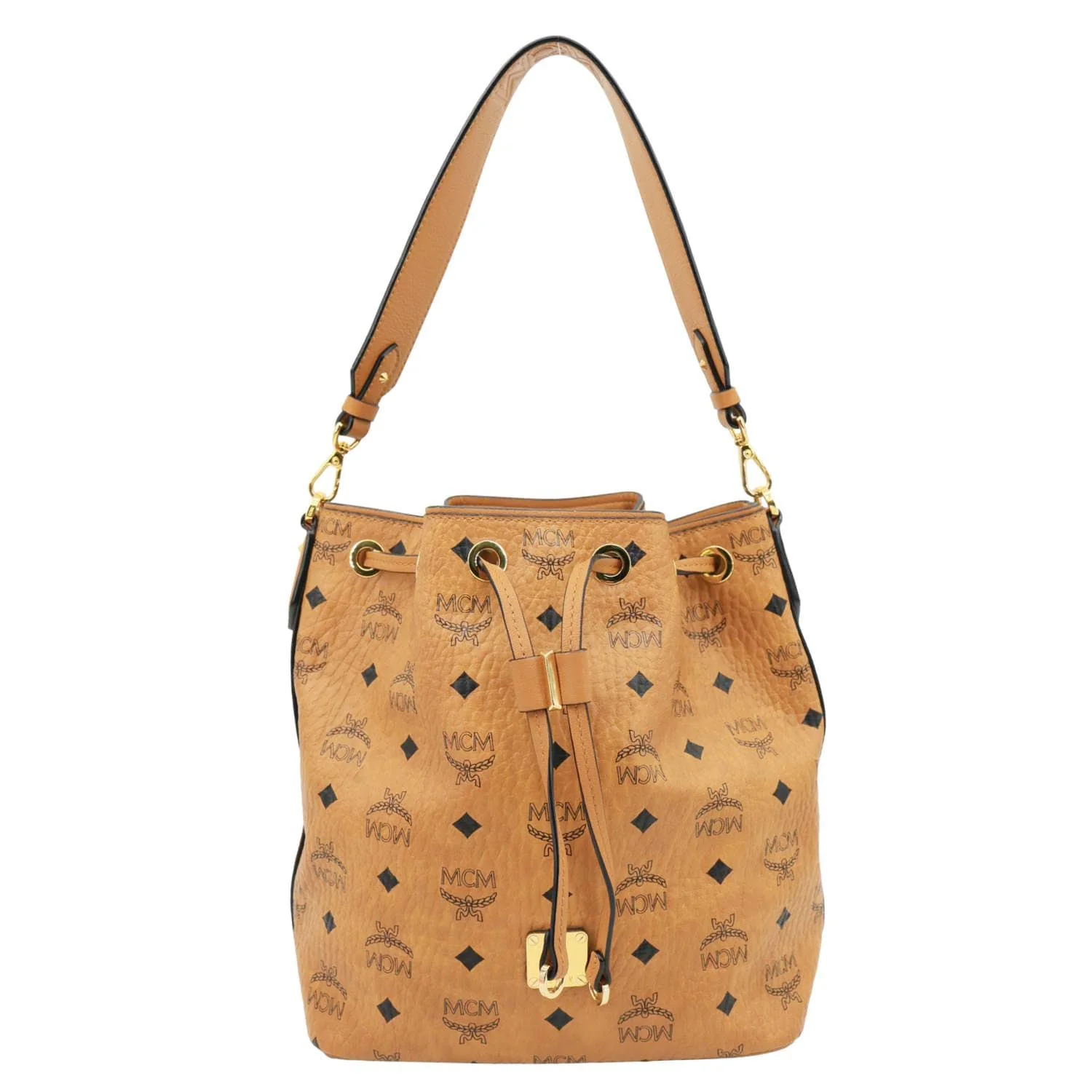 MCM Drawstring Visetos Canvas Bucket Bag Cognac - Image 4