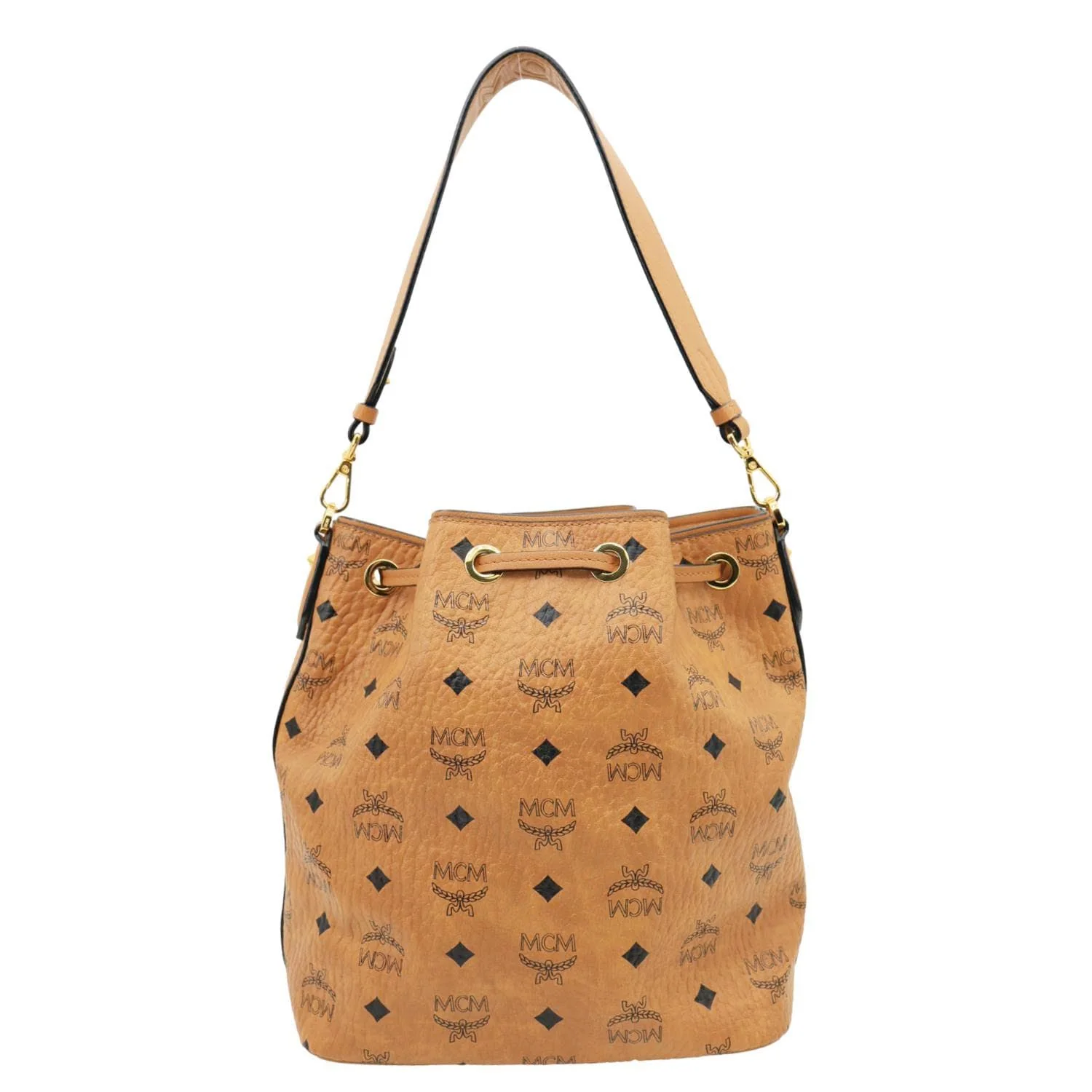 MCM Drawstring Visetos Canvas Bucket Bag Cognac - Image 5