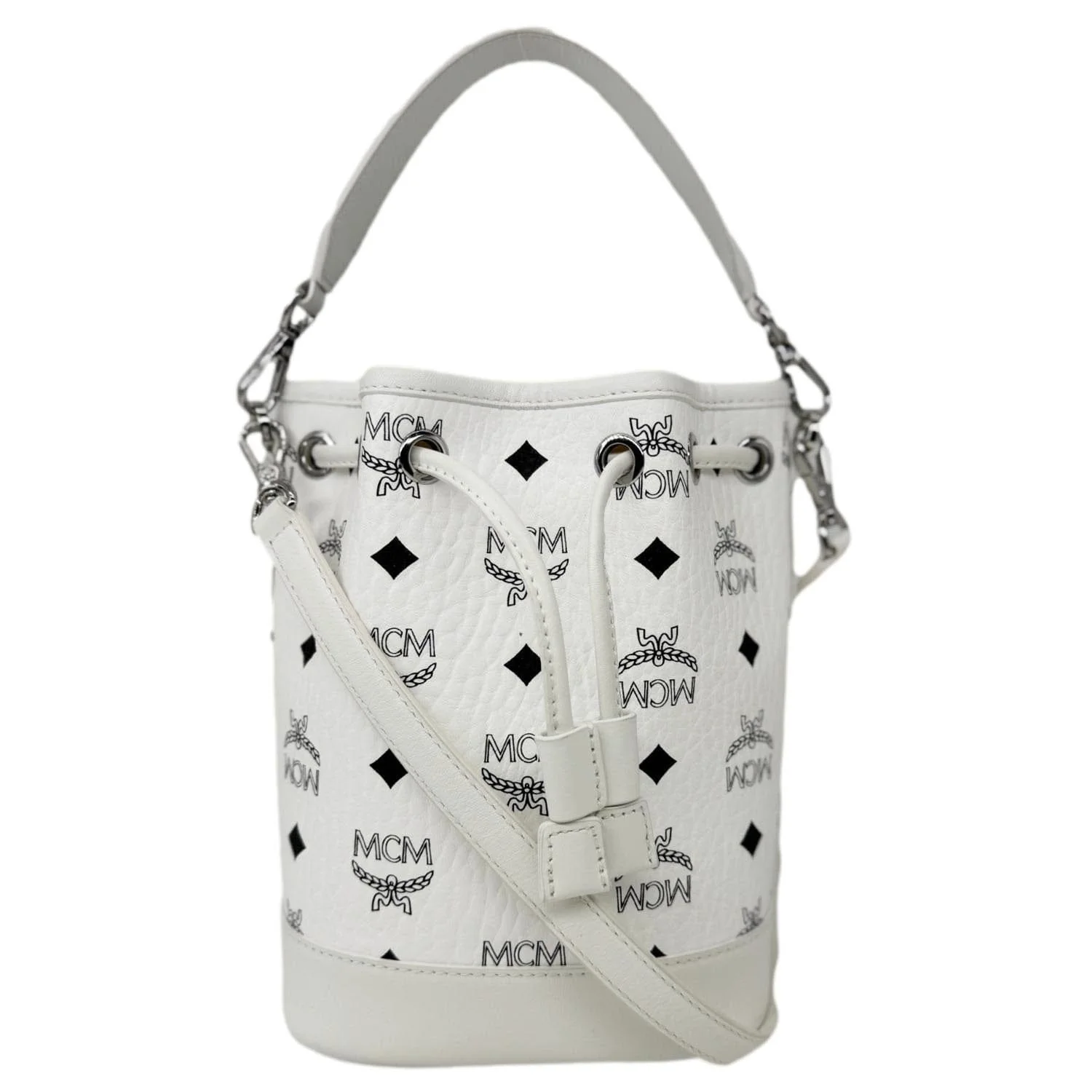 MCM Dessau Drawstring Mini Visetos Monogram Canvas Crossbody Bag White