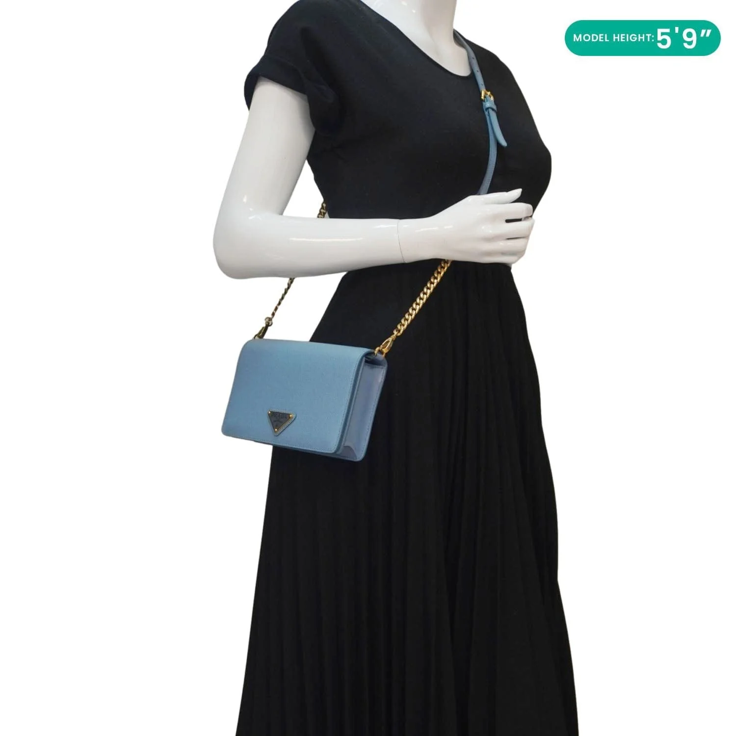 PRADA Bandoliera Saffiano Leather Chain Crossbody Bag Blue - Image 2