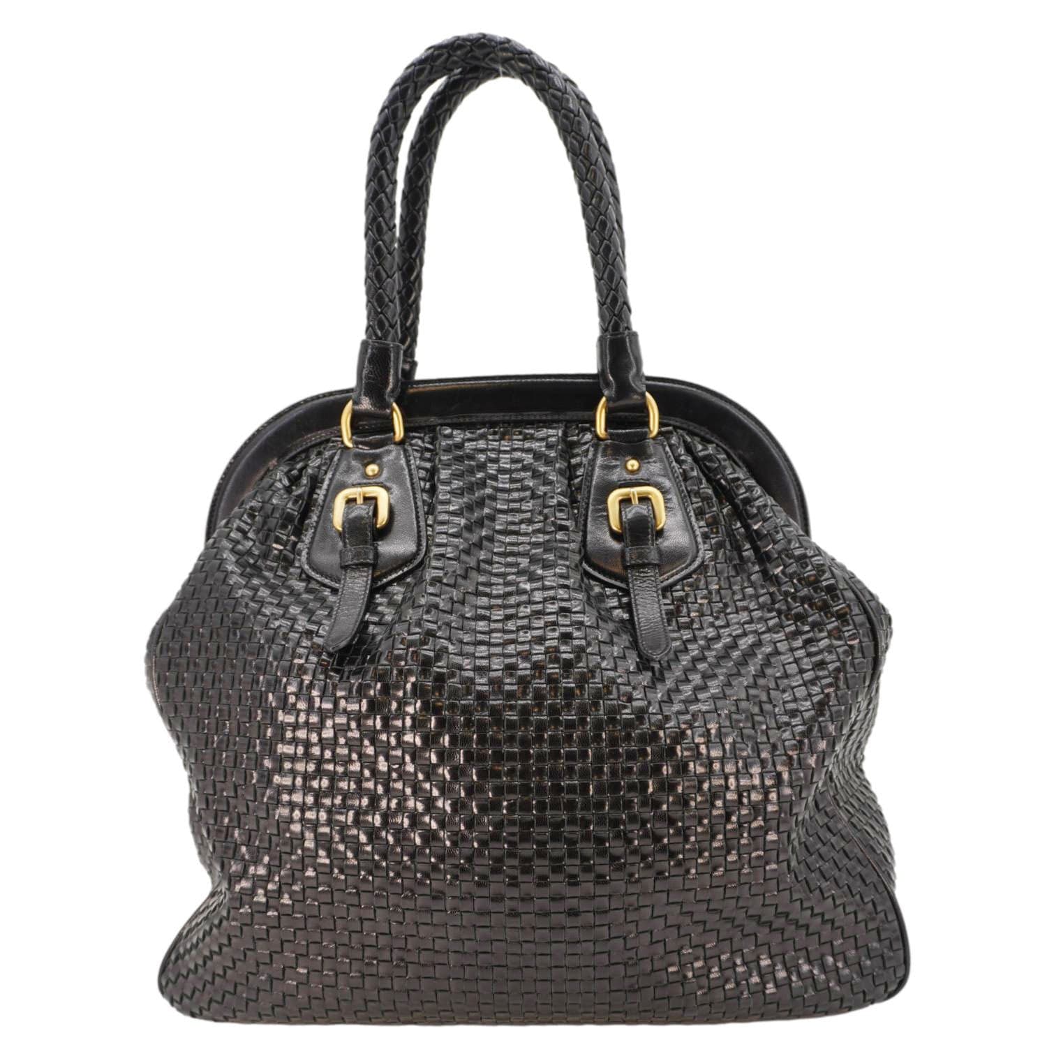PRADA Frame Woven Madra Leather Tote Bag Black - Image 3