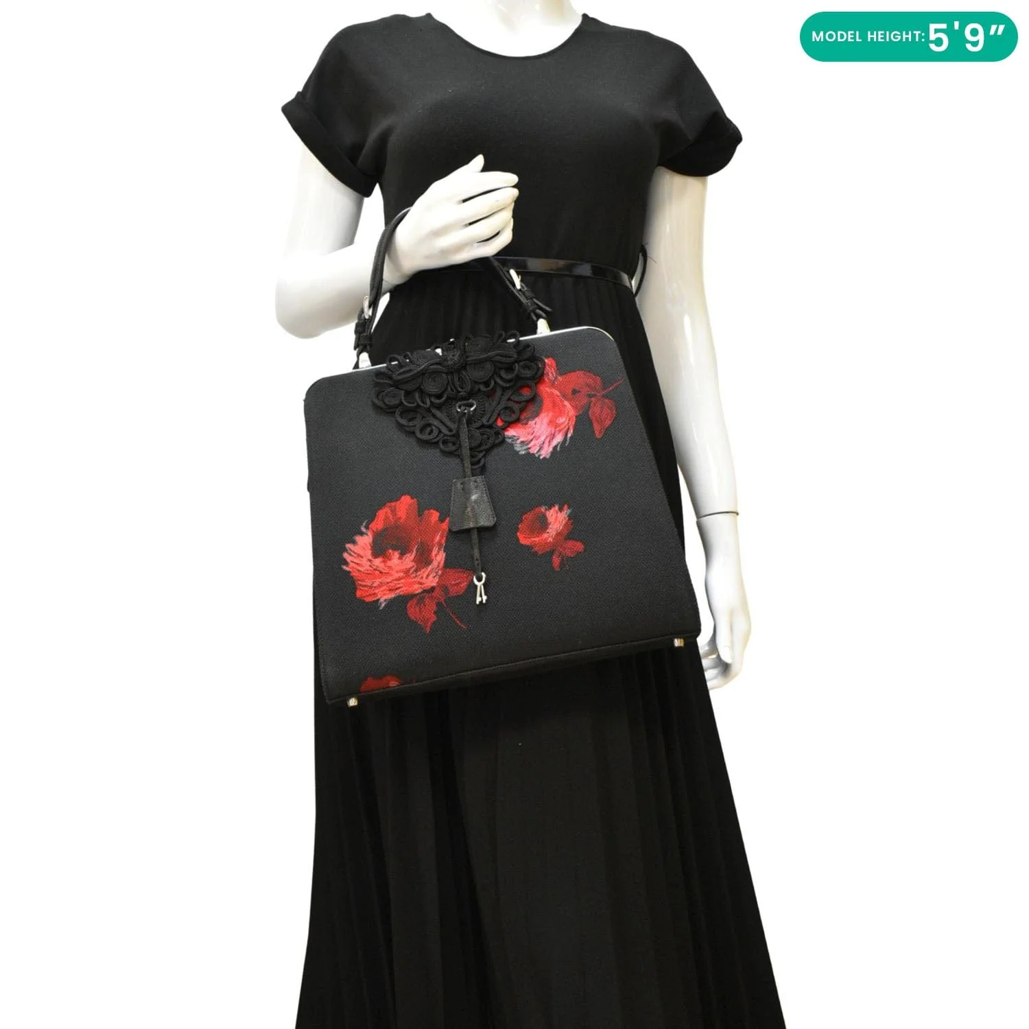 PRADA Canapa Floral Frame Canvas Top Handle Tote Bag Bag Black - Image 2