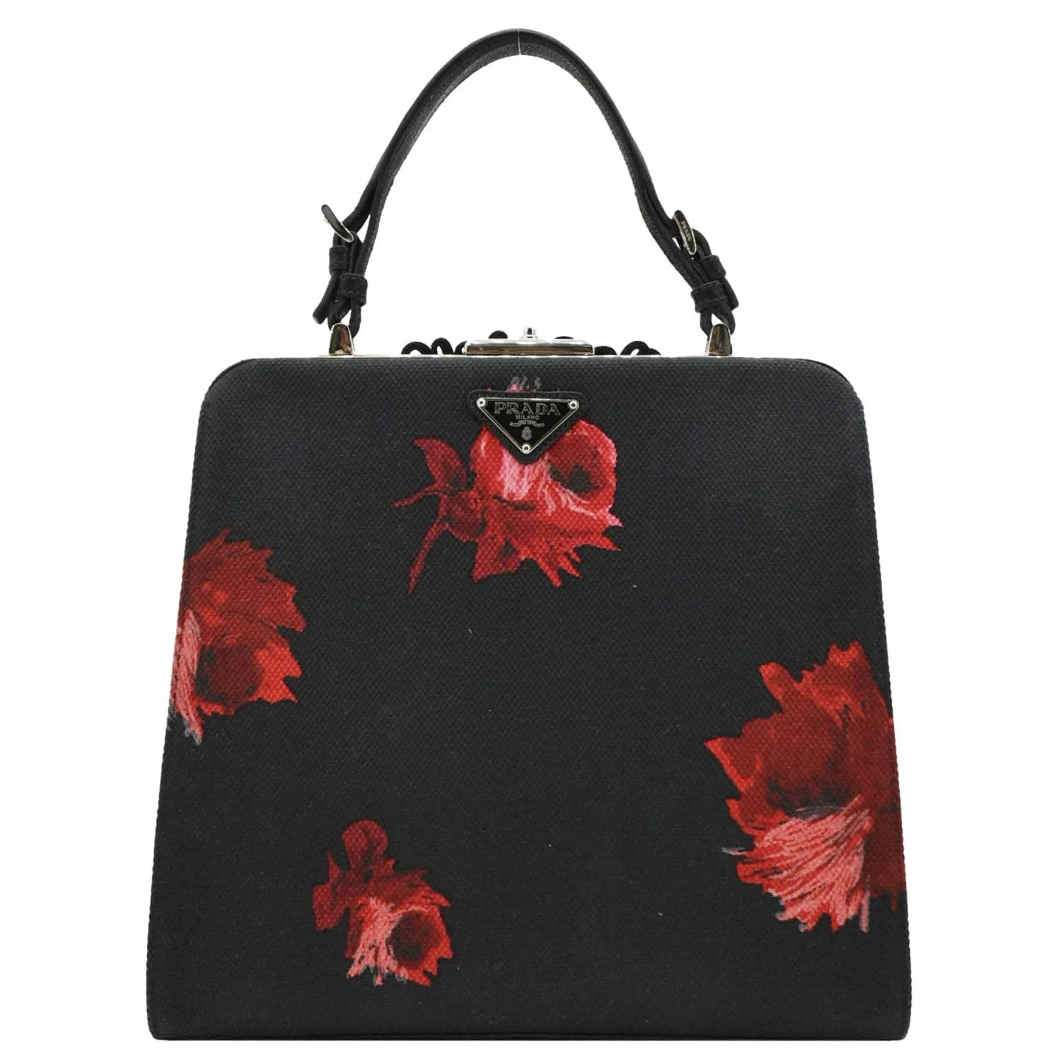 PRADA Canapa Floral Frame Canvas Top Handle Tote Bag Bag Black - Image 3
