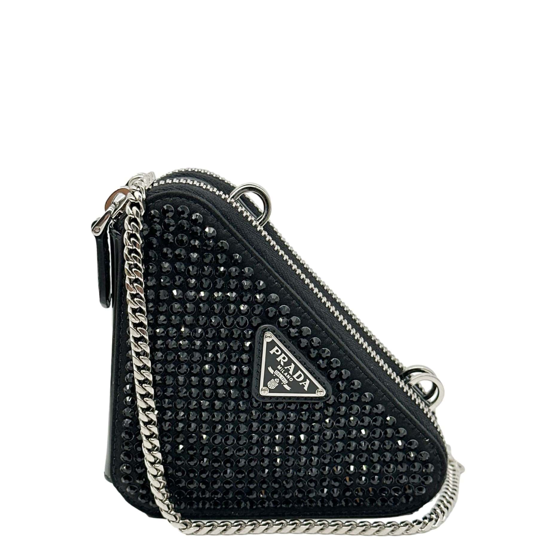 PRADA Triangle Double Pouch Crystal Embellished Satin Crossbody Bag Black