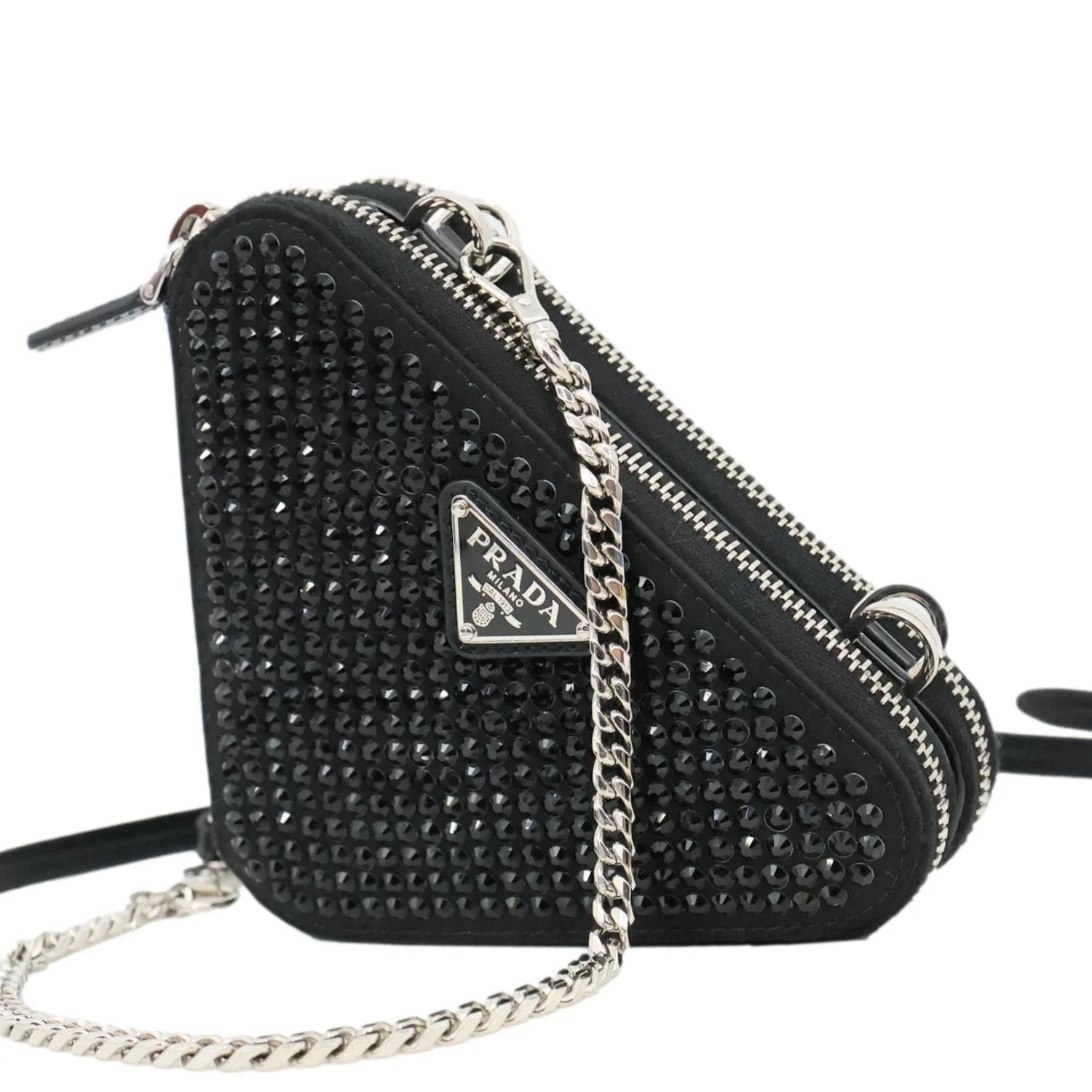PRADA Triangle Double Pouch Crystal Embellished Satin Crossbody Bag Black - Image 3