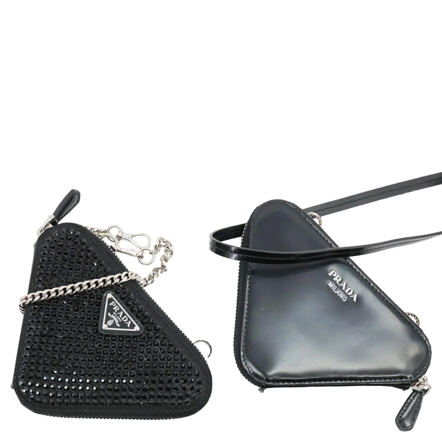 PRADA Triangle Double Pouch Crystal Embellished Satin Crossbody Bag Black - Image 4