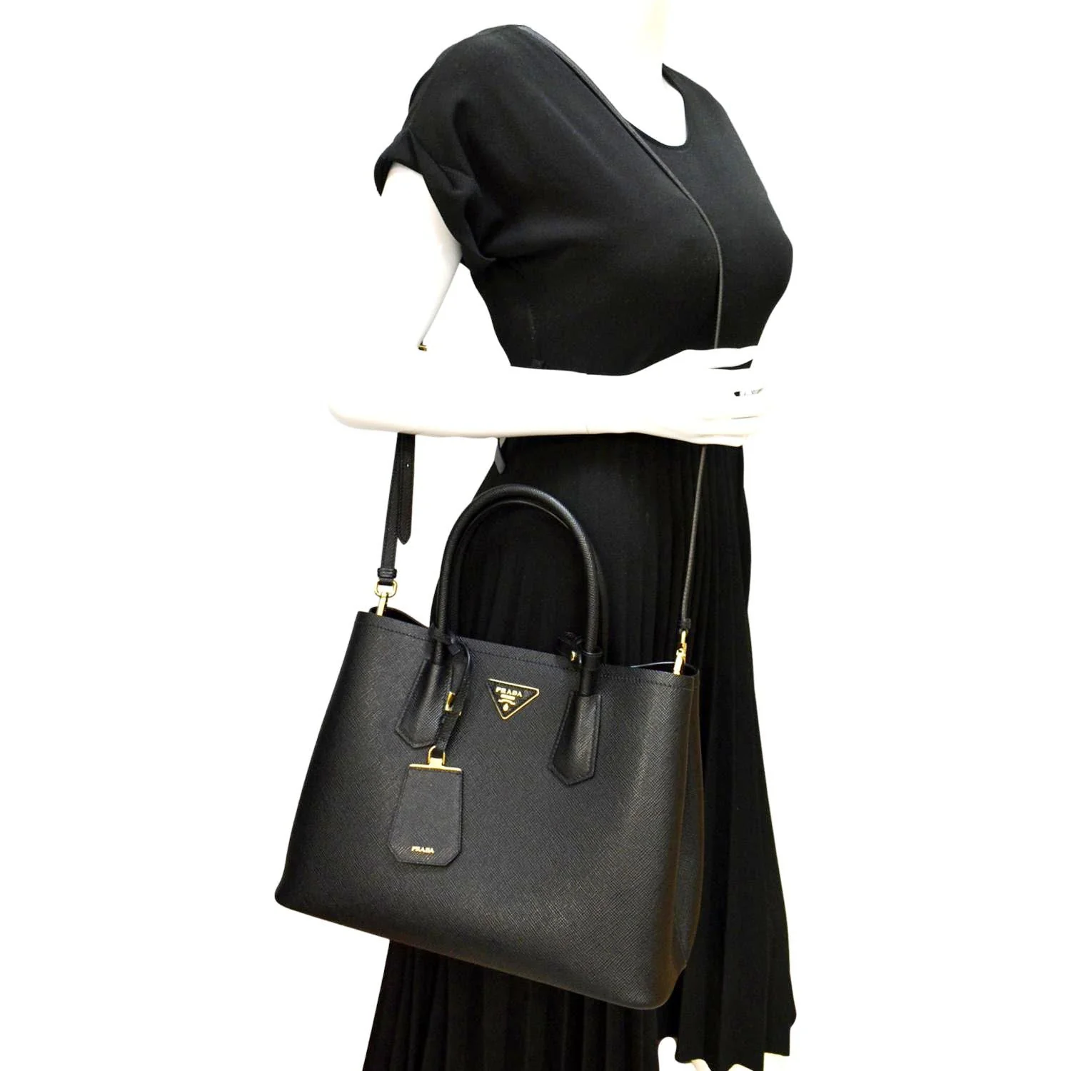 PRADA Double-Zip Saffiano Leather Shoulder Tote Bag Black - Image 2