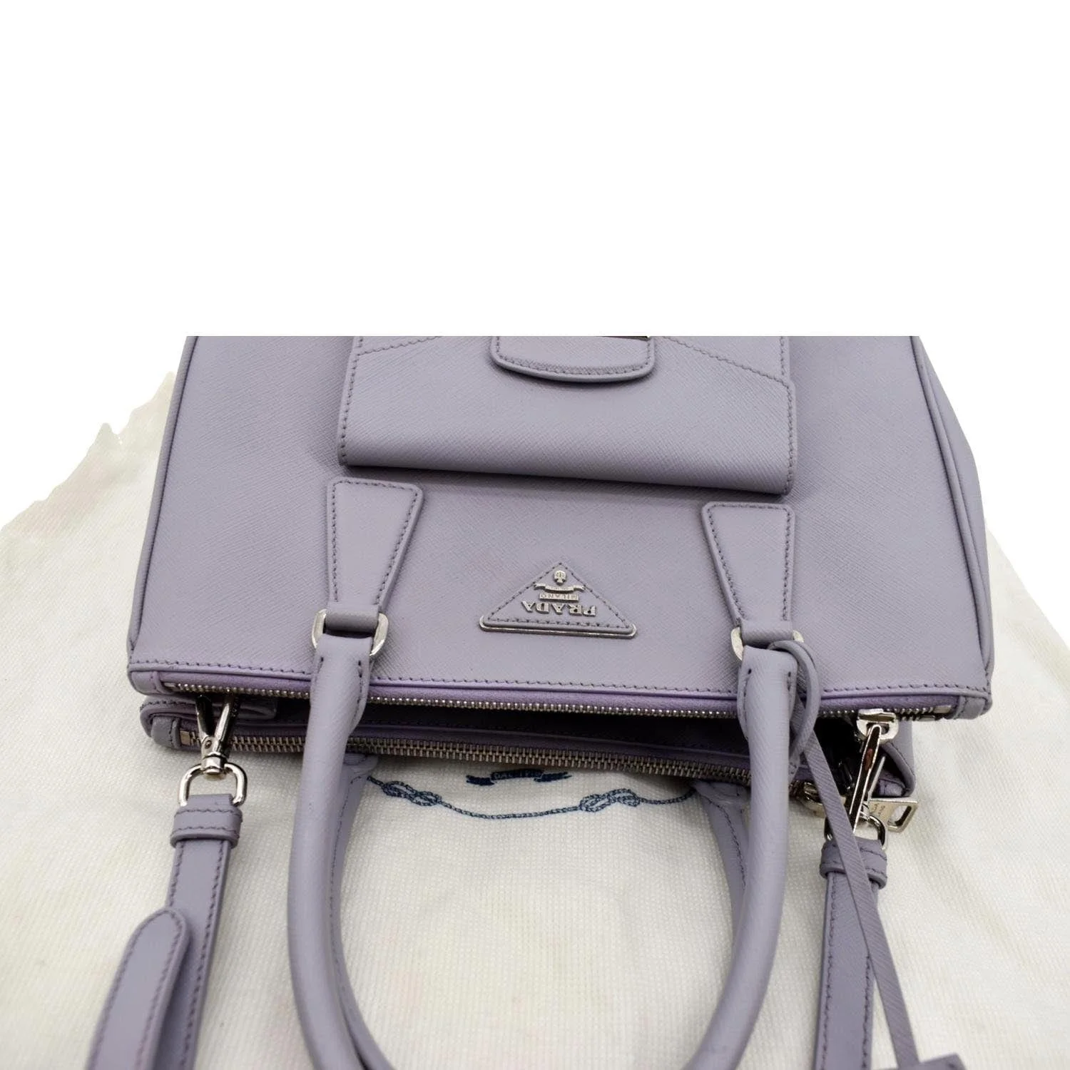 PRADA Front Pocket Double Zip Saffiano Leather Tote Shoulder Bag Light Purple - Image 5