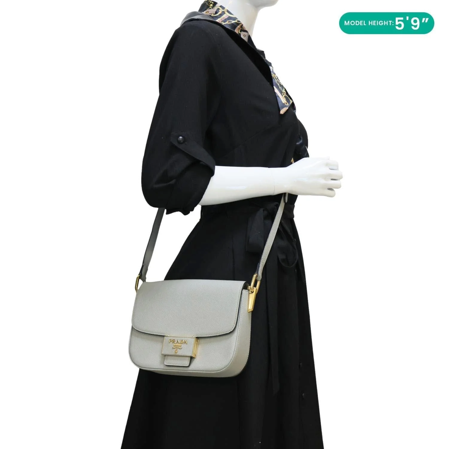 PRADA Embleme Flap Saffiano Lux Leather Shoulder Bag Grey - Image 2