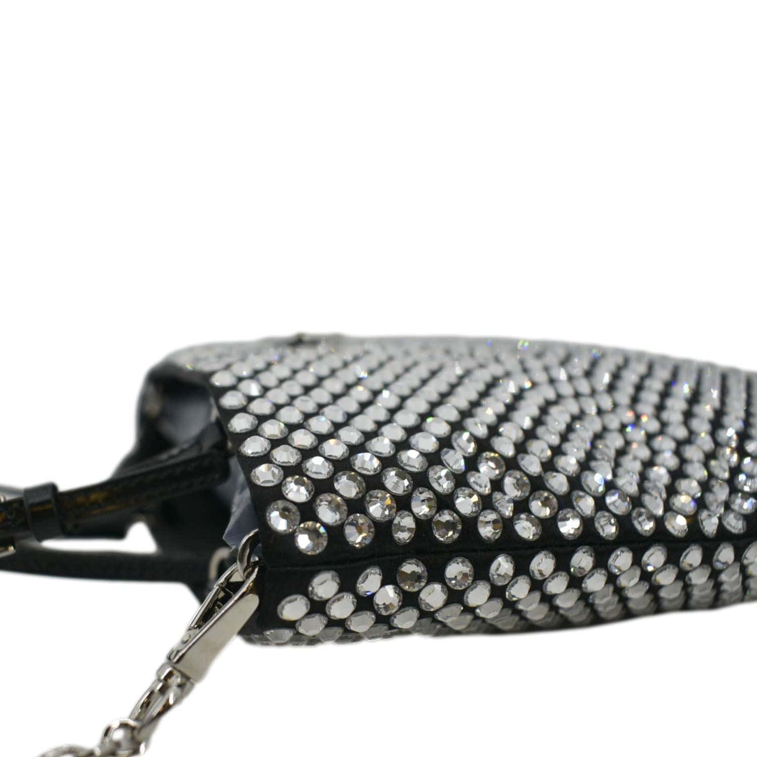 PRADA Chain Flat Mini Crystal Embellished Satin Tote Bag Silver - Image 6
