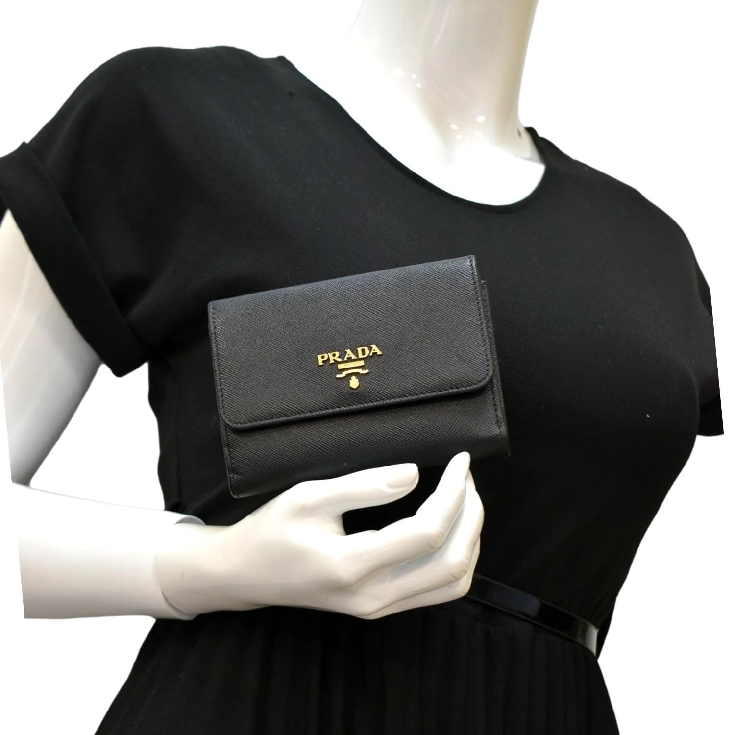 PRADA Fold Over Saffiano Leather Wallet Black - Image 2