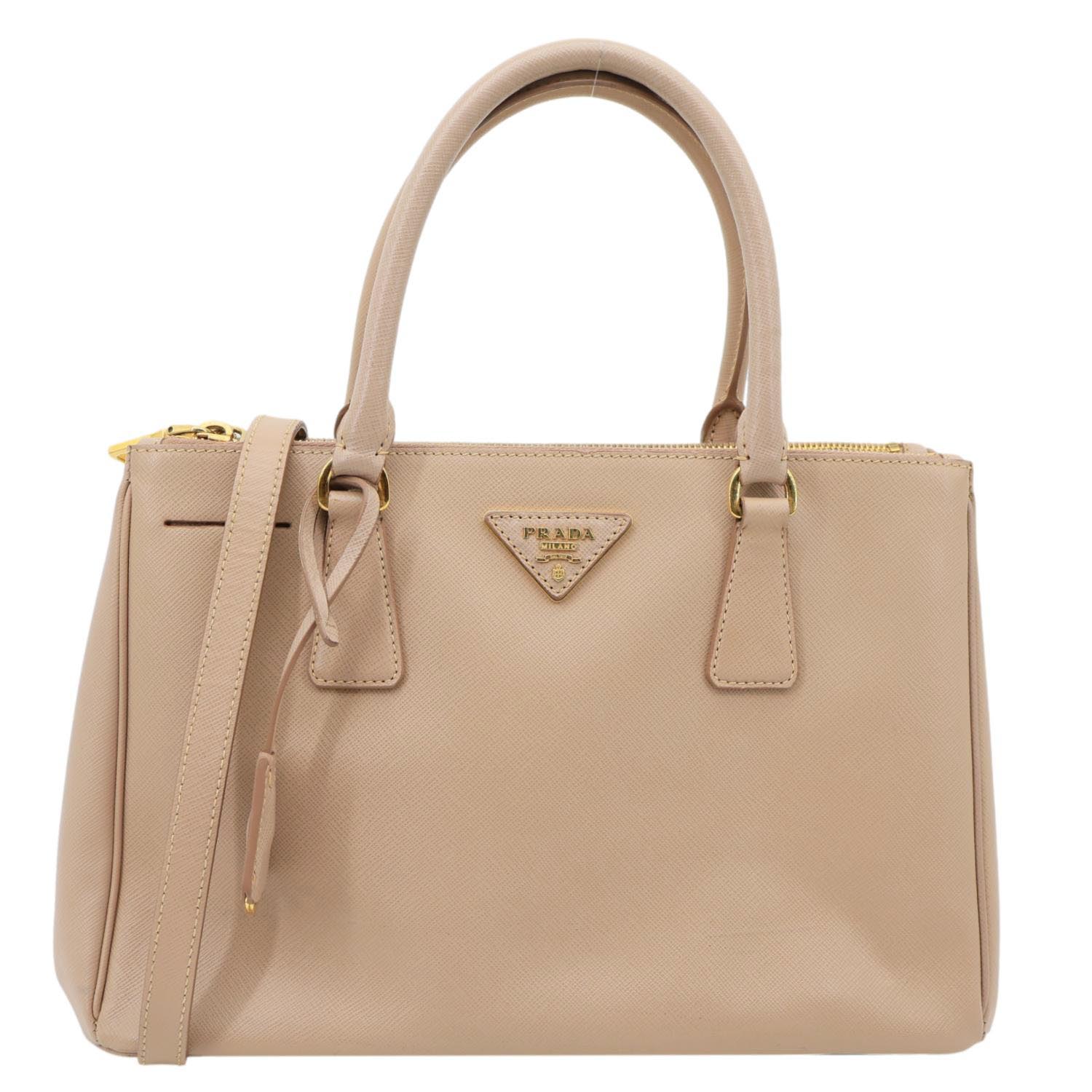 PRADA Galleria Double Zip Saffiano Leather Top Handle Tote Bag Beige