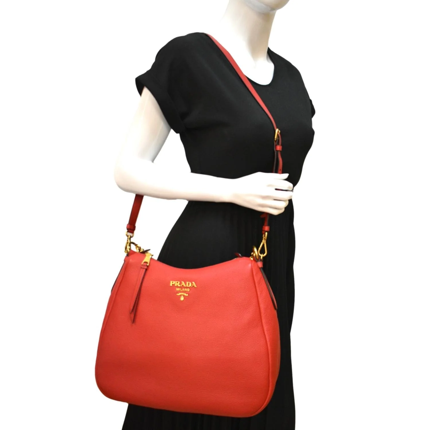 PRADA Vitello Daino Leather Hobo Bag Red - Image 2