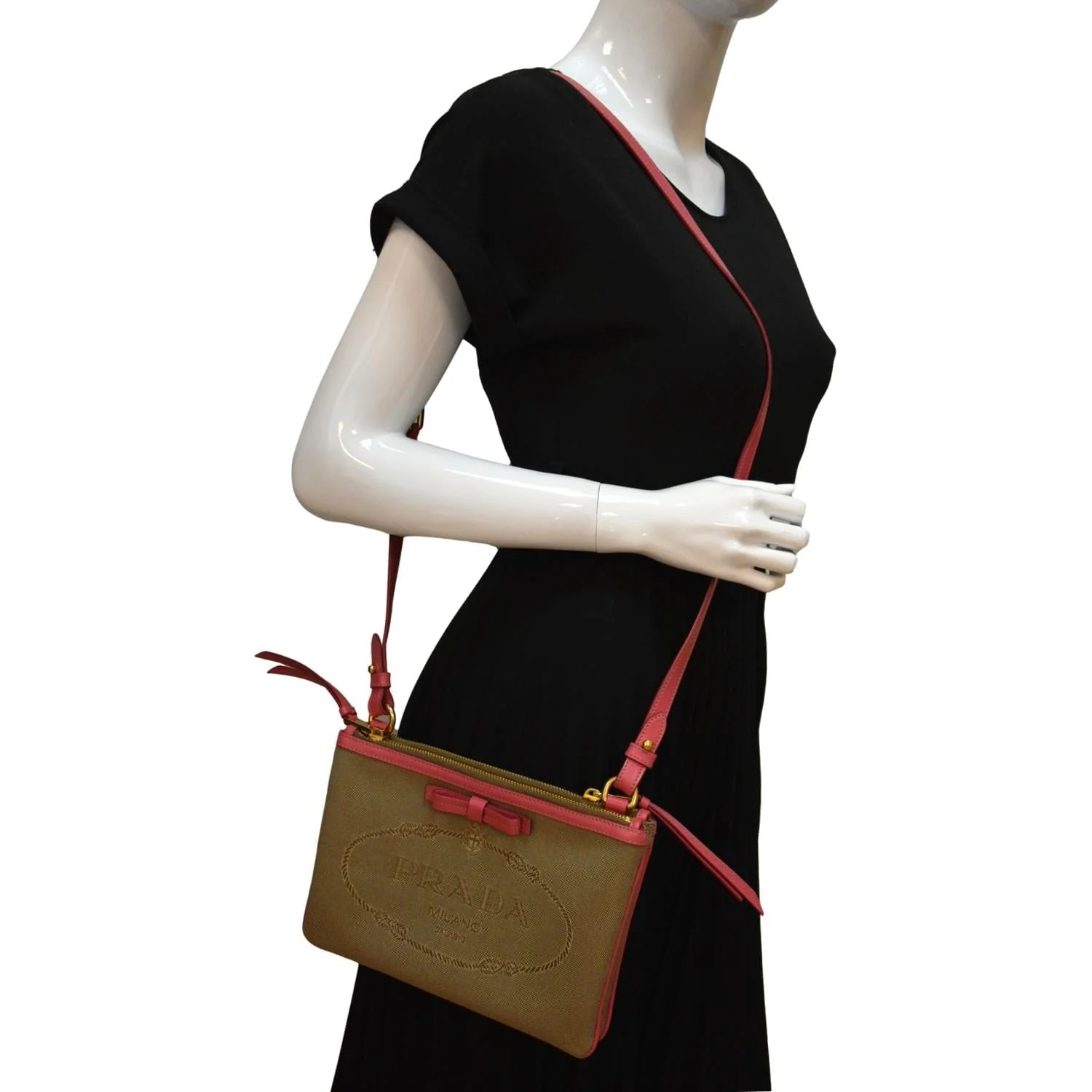 PRADA Jacquard Fabric Trim Crossbody Bag Brown - Image 2
