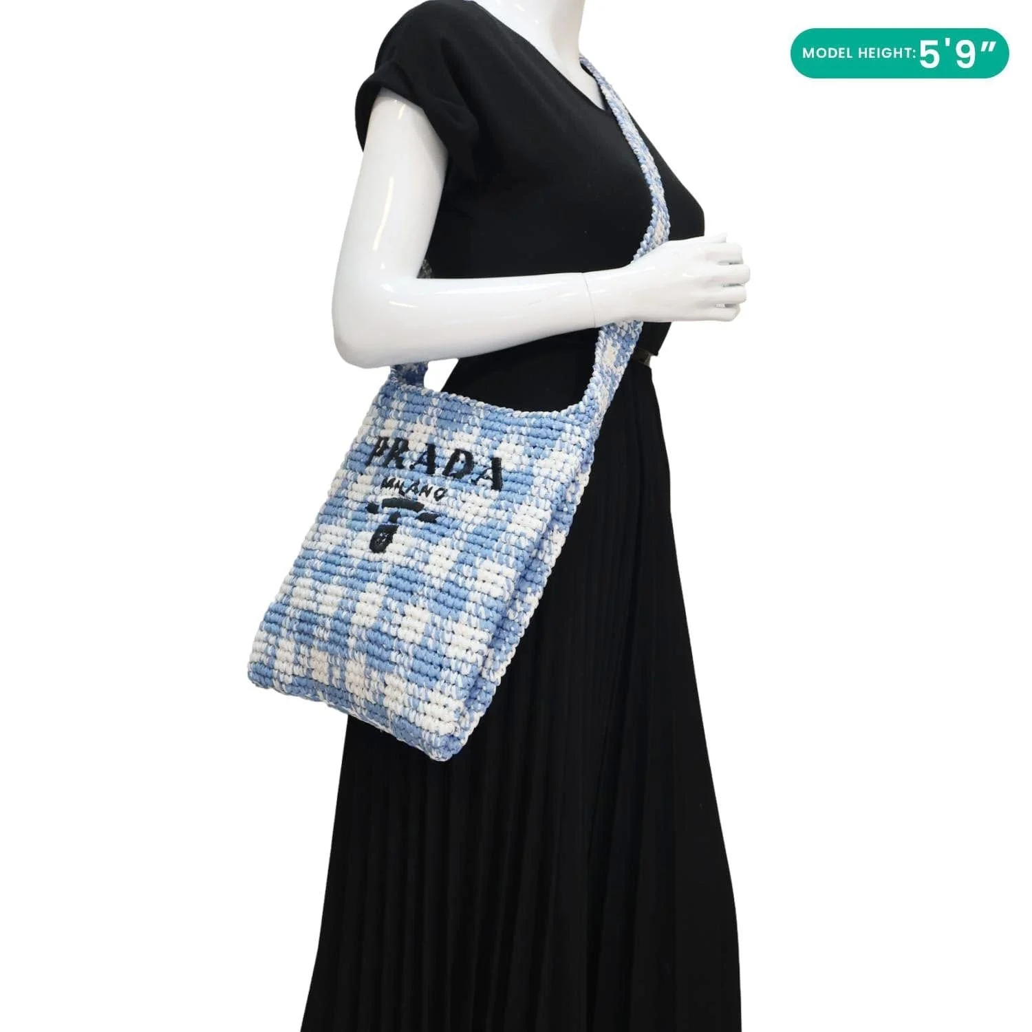 PRADA Embroidered Logo Yarn Crochet Tote Bag Blue - Image 2