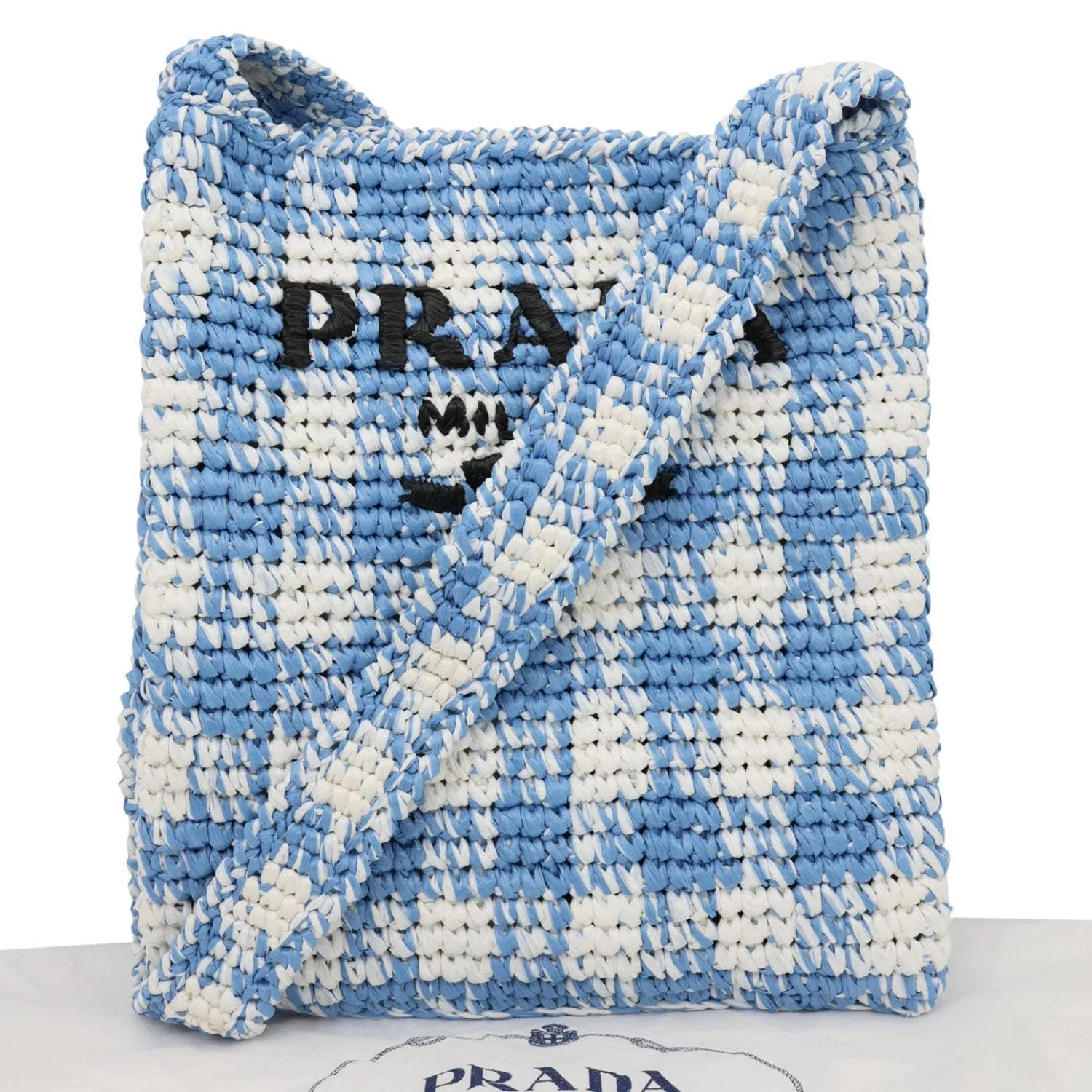 PRADA Embroidered Logo Yarn Crochet Tote Bag Blue - Image 3