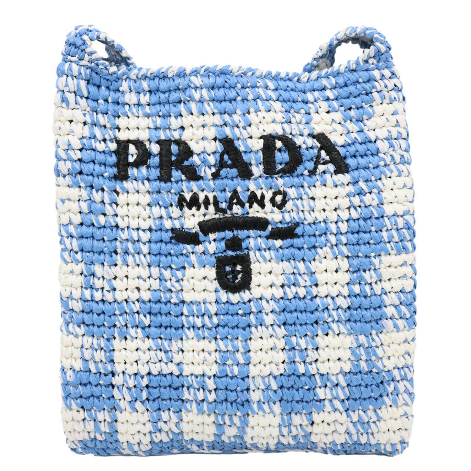 PRADA Embroidered Logo Yarn Crochet Tote Bag Blue - Image 4