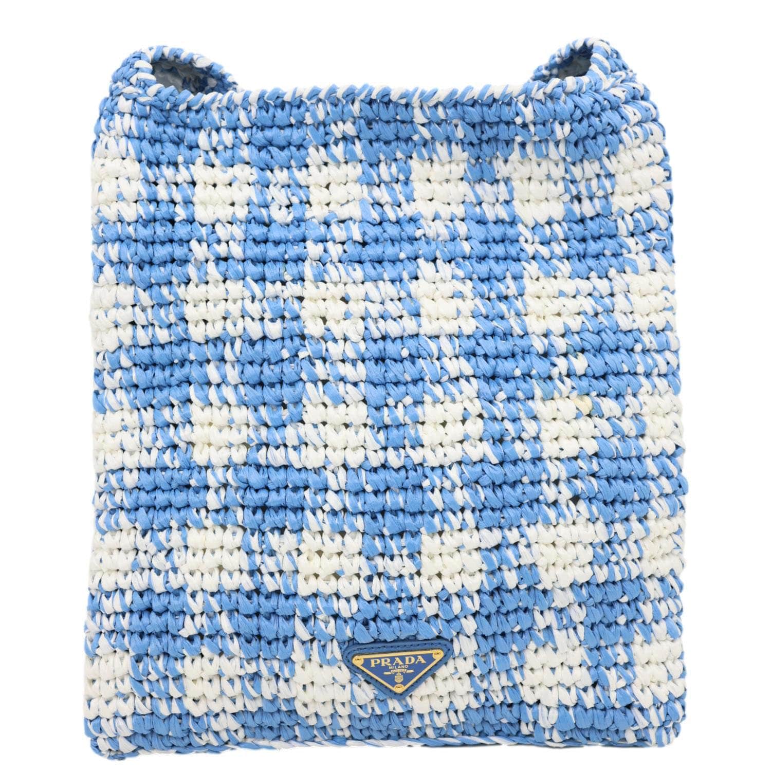 PRADA Embroidered Logo Yarn Crochet Tote Bag Blue - Image 5