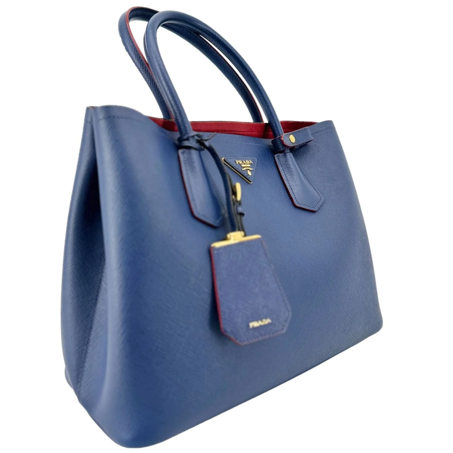 PRADA Double Handle Medium Saffiano Leather Shoulder Bag Navy Blue - Image 13