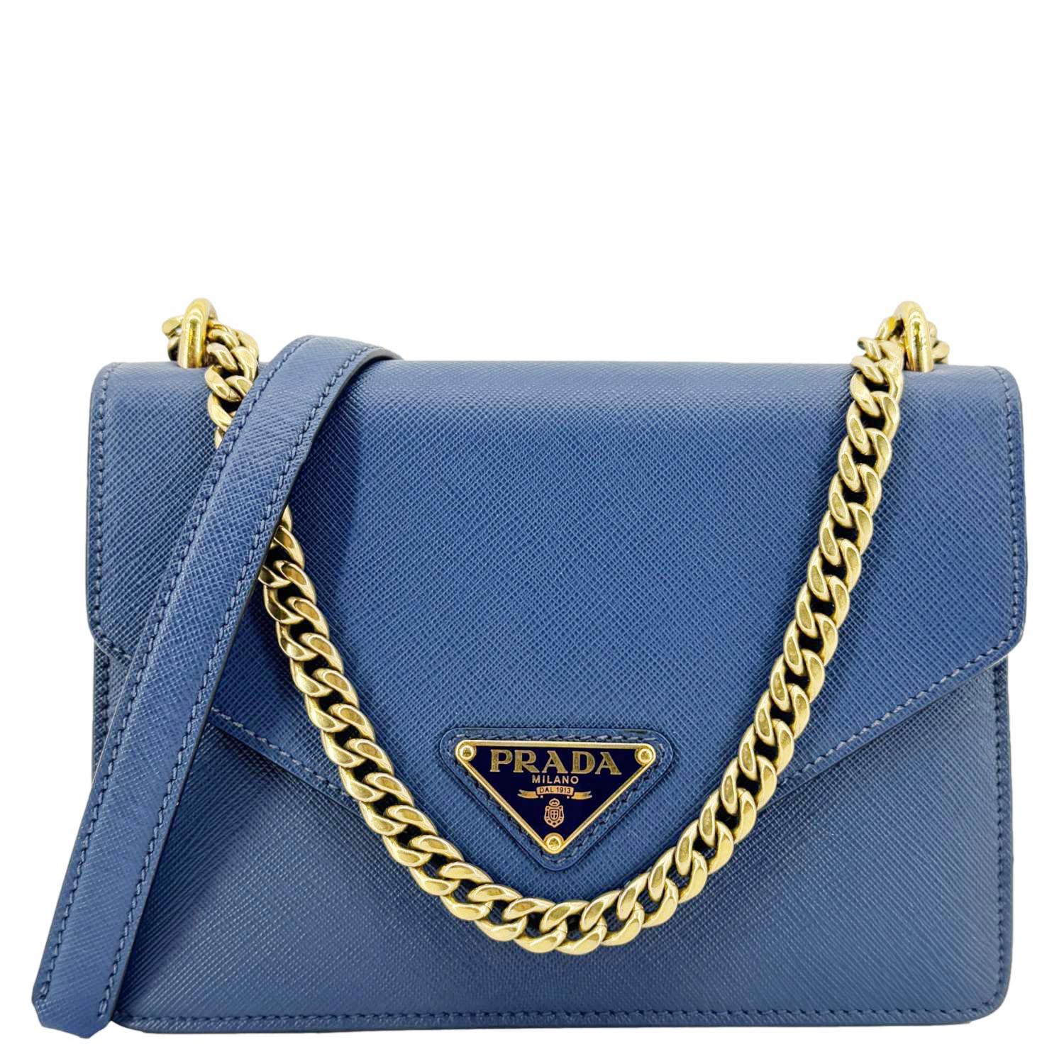 PRADA Metal Triangle Envelope Saffiano Leather Chain Shoulder Bag Blue