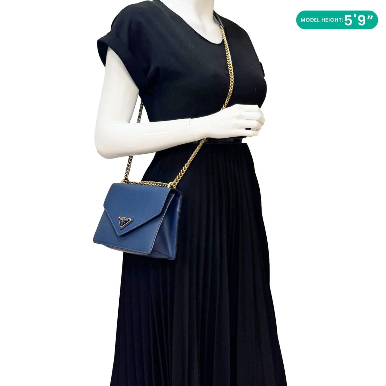 PRADA Metal Triangle Envelope Saffiano Leather Chain Shoulder Bag Blue - Image 2