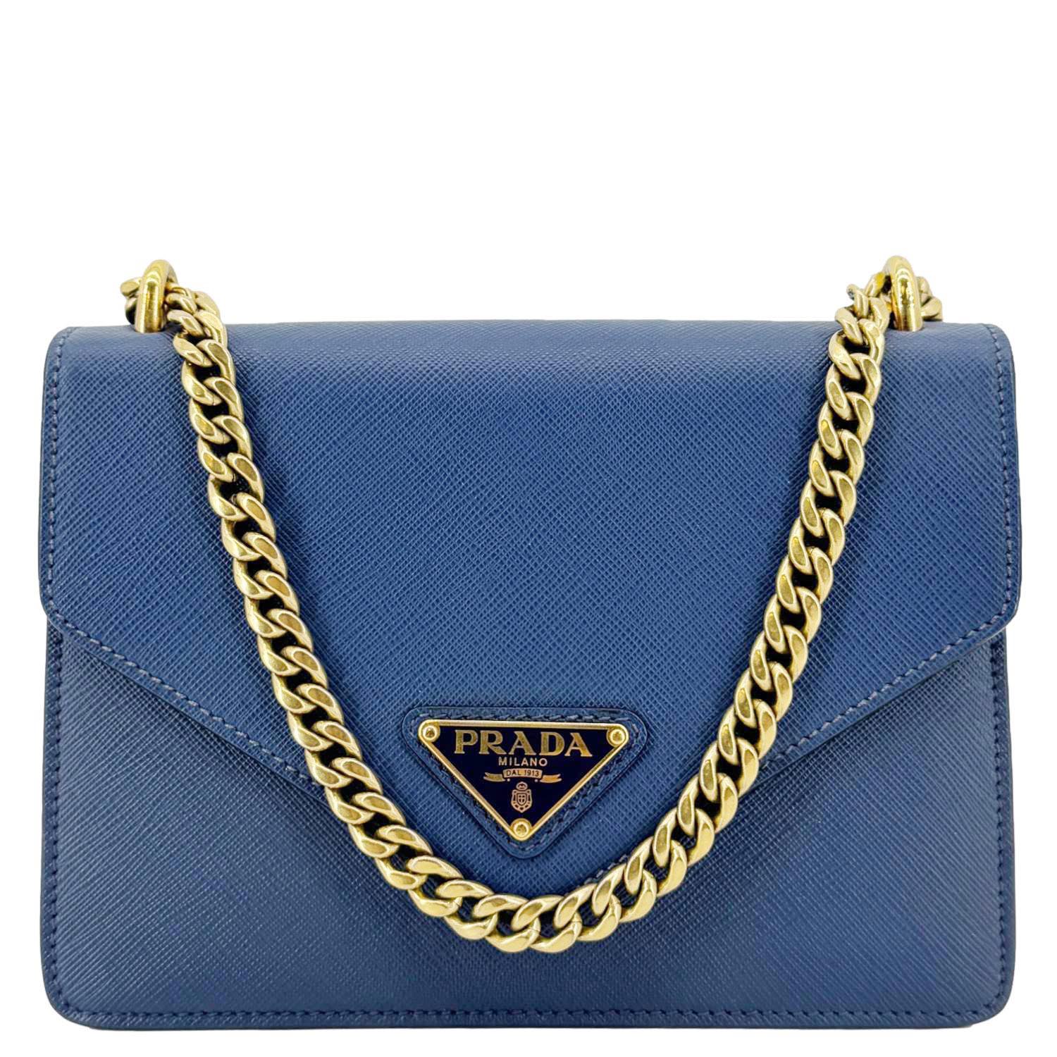 PRADA Metal Triangle Envelope Saffiano Leather Chain Shoulder Bag Blue - Image 3