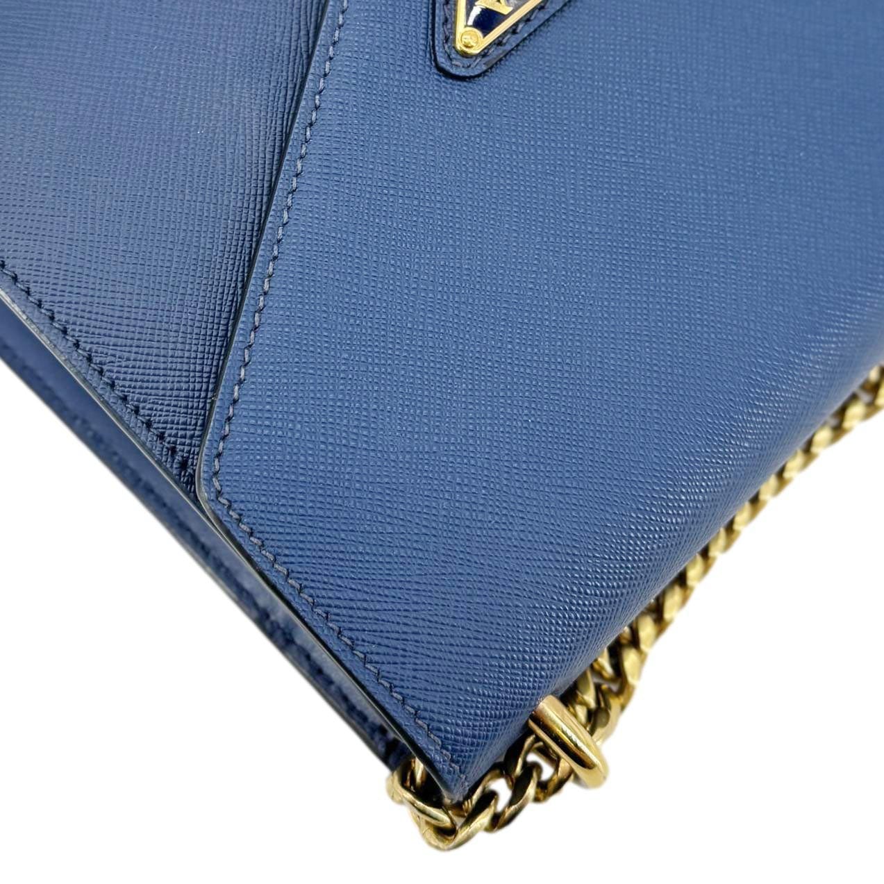 PRADA Metal Triangle Envelope Saffiano Leather Chain Shoulder Bag Blue - Image 6