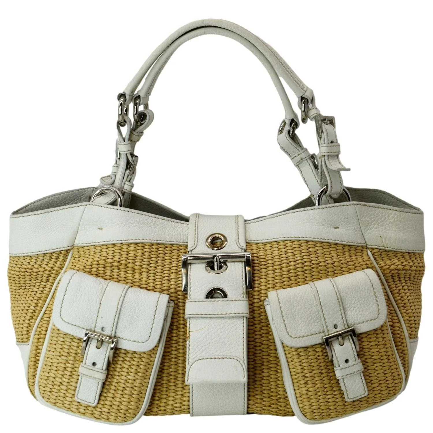 PRADA Paglia Vitello Daino Naturale Leather Satchel Bag Natural - Image 3
