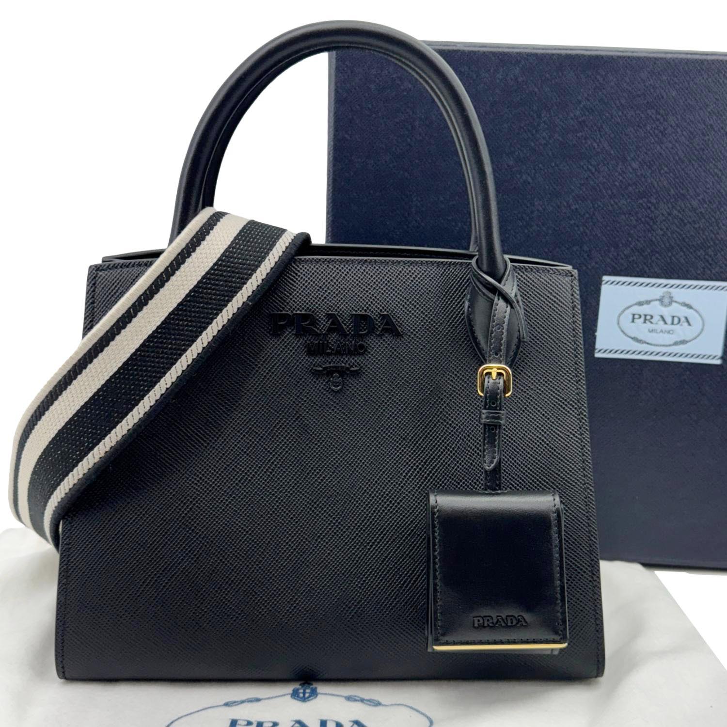 PRADA Monochrome Small Calfskin Saffiano Leather Top Handle Tote Black - Image 3
