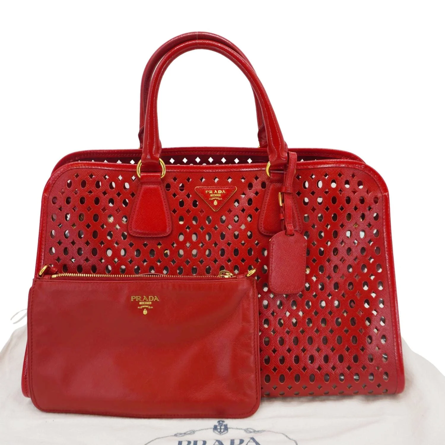 PRADA Saffiano Perforated Leather Tote Bag Red - Image 3