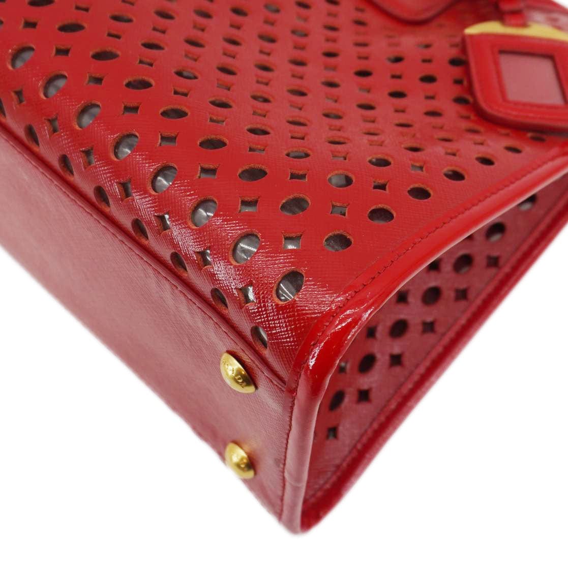 PRADA Saffiano Perforated Leather Tote Bag Red - Image 8