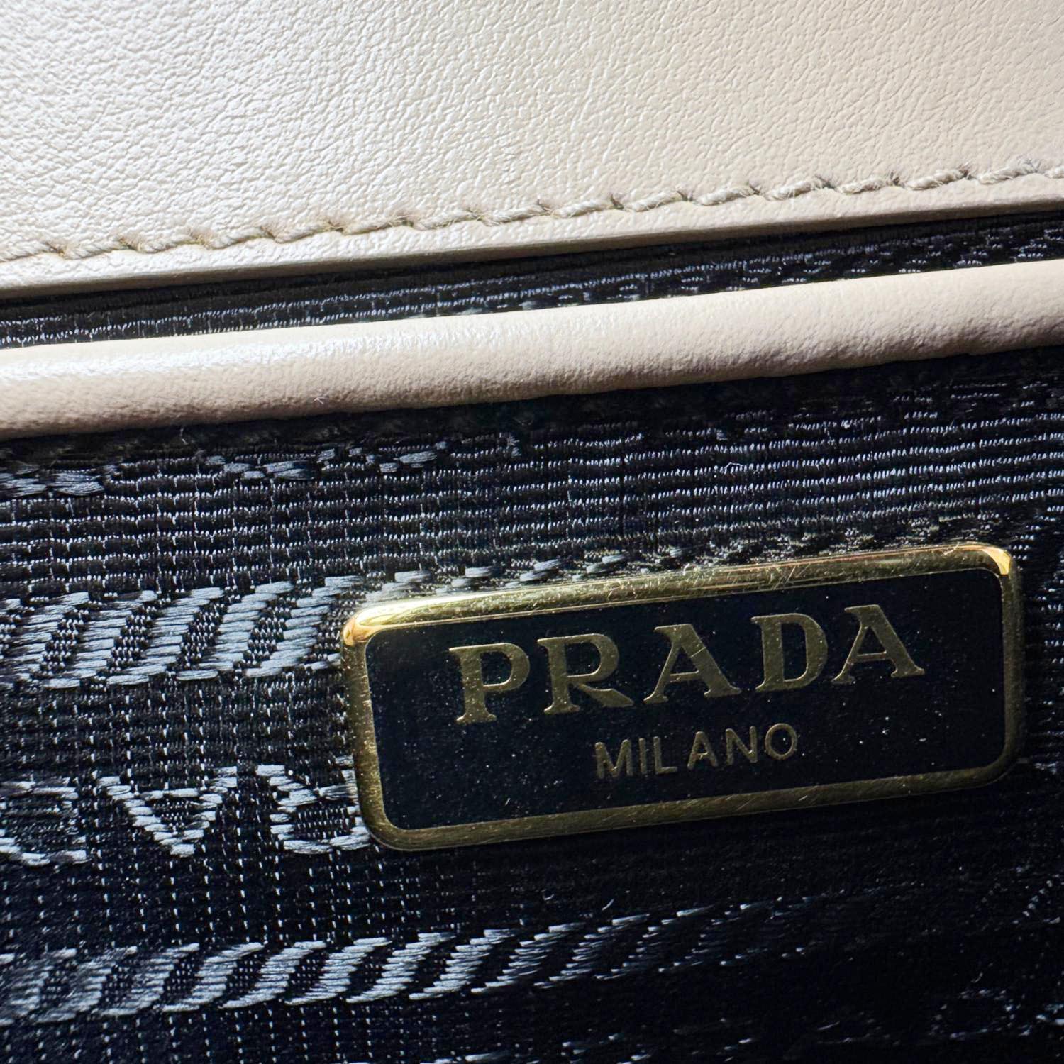 PRADA Metal Triangle Envelope Saffiano Leather Chain Shoulder Bag Beige - Image 15