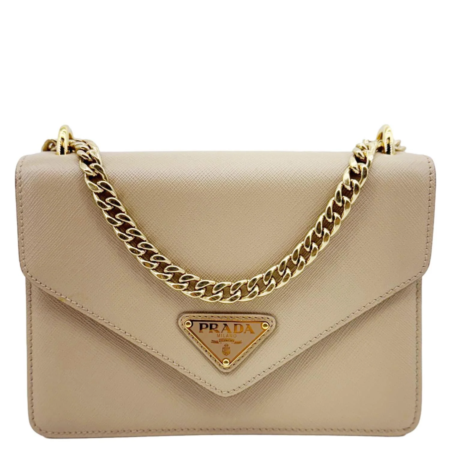PRADA Metal Triangle Envelope Saffiano Leather Chain Shoulder Bag Beige - Image 3