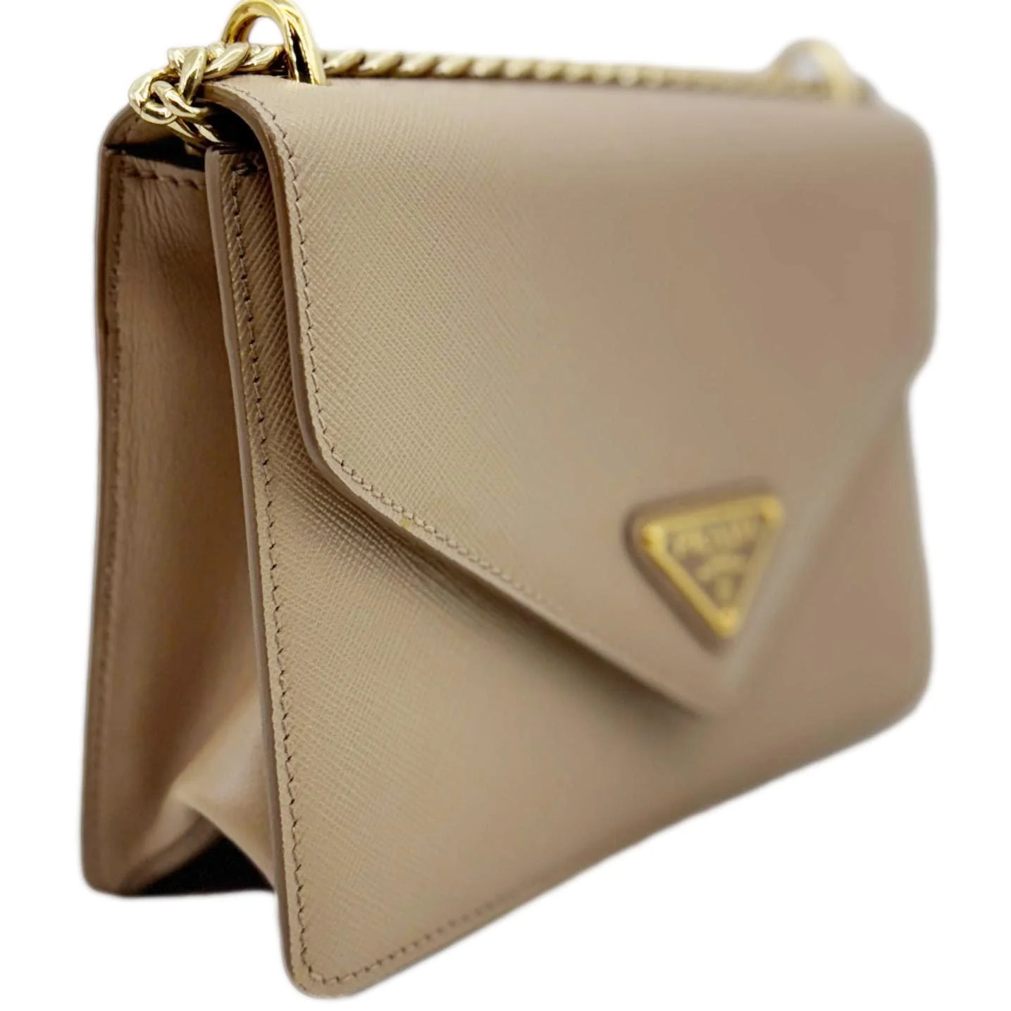 PRADA Metal Triangle Envelope Saffiano Leather Chain Shoulder Bag Beige - Image 5