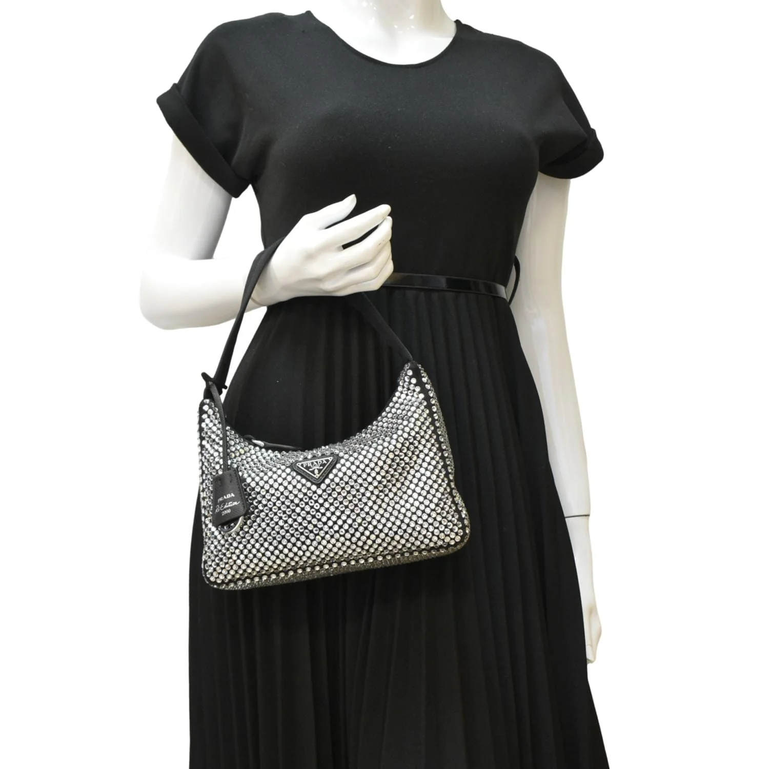 PRADA Mini Re-Edition 2000 Crystal Embellished Satin Tote Bag Black - Image 2