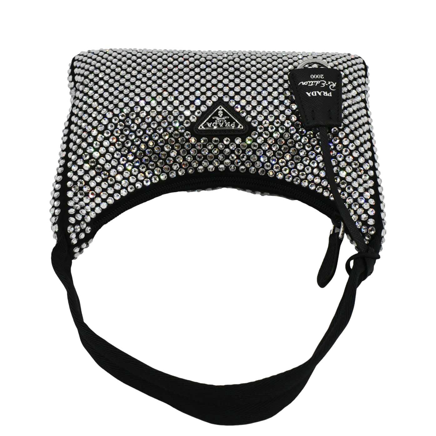 PRADA Mini Re-Edition 2000 Crystal Embellished Satin Tote Bag Black - Image 4