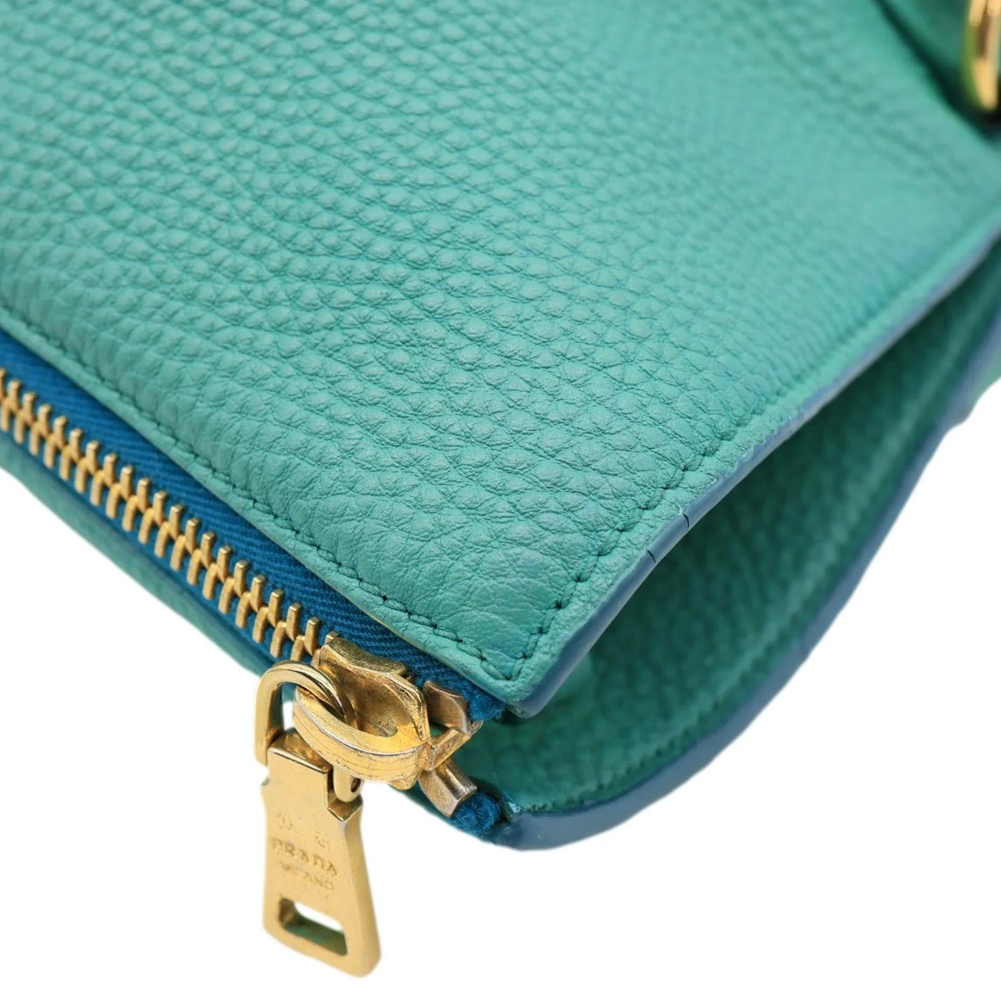 PRADA Vitello Daino Side Zip Leather Shopping Tote Bag Turquoise - Image 6