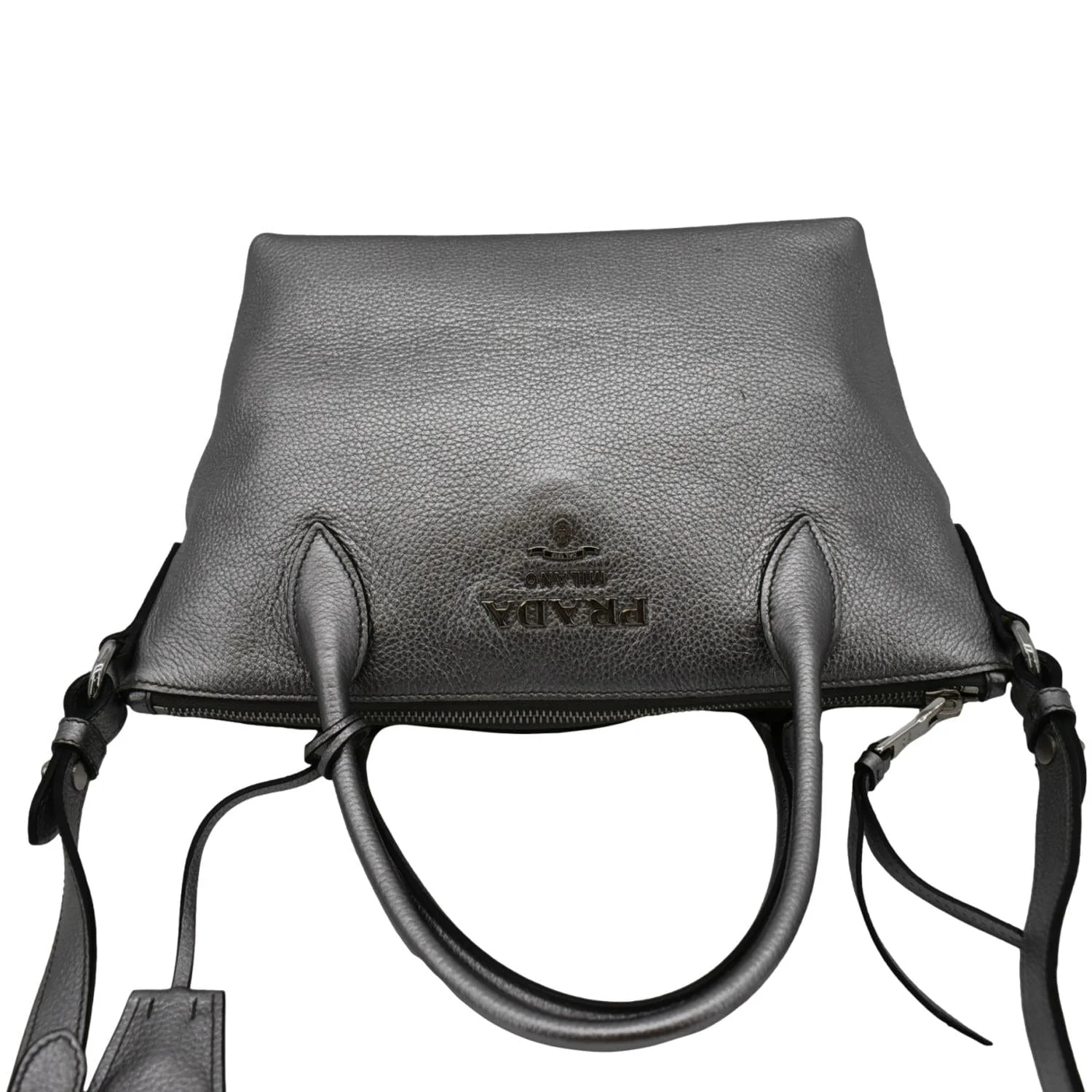 PRADA Vitello Daino Leather Tote Shoulder Bag Silver - Image 4