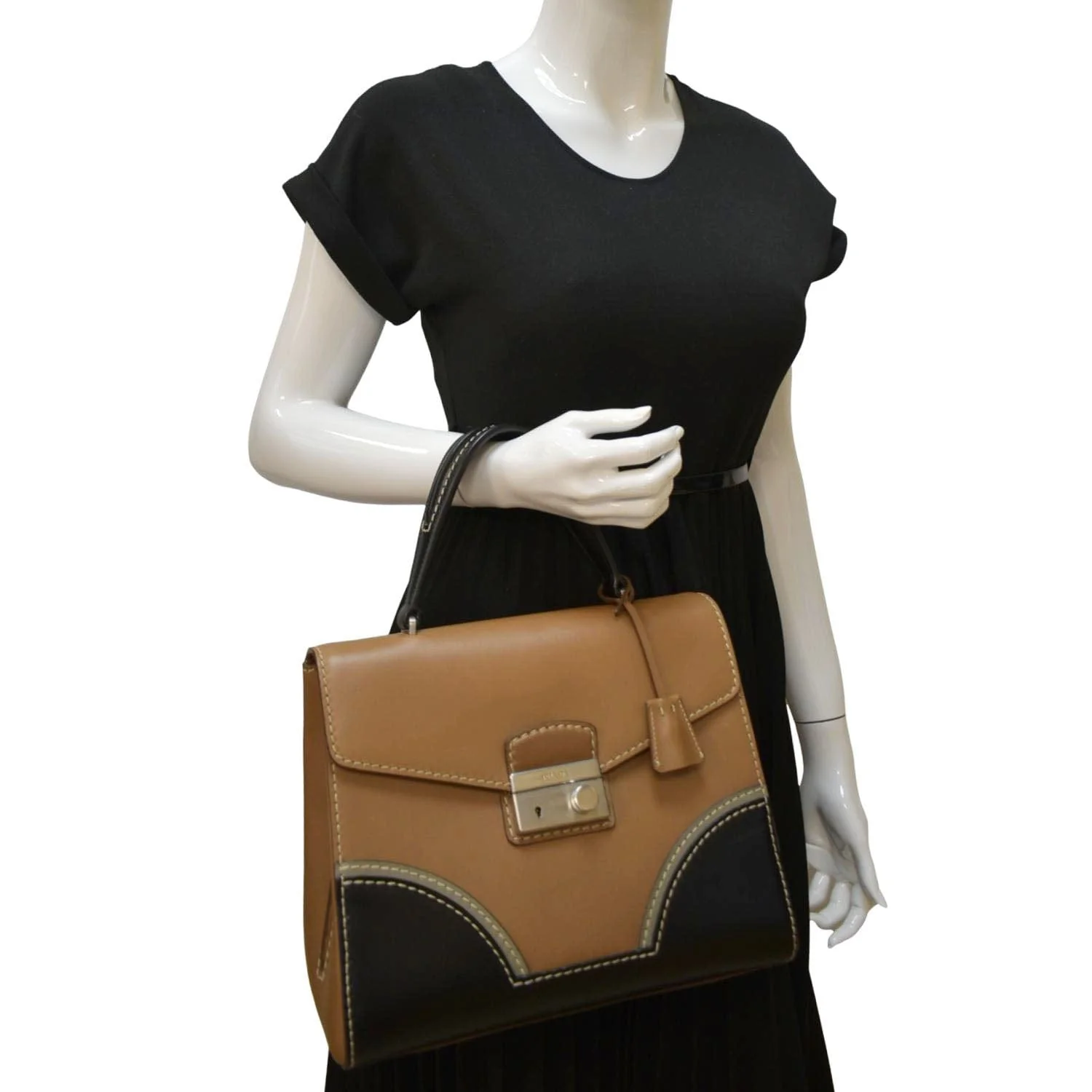 PRADA Vitello Sound Lock Leather Shoulder Bag Tan - Image 2